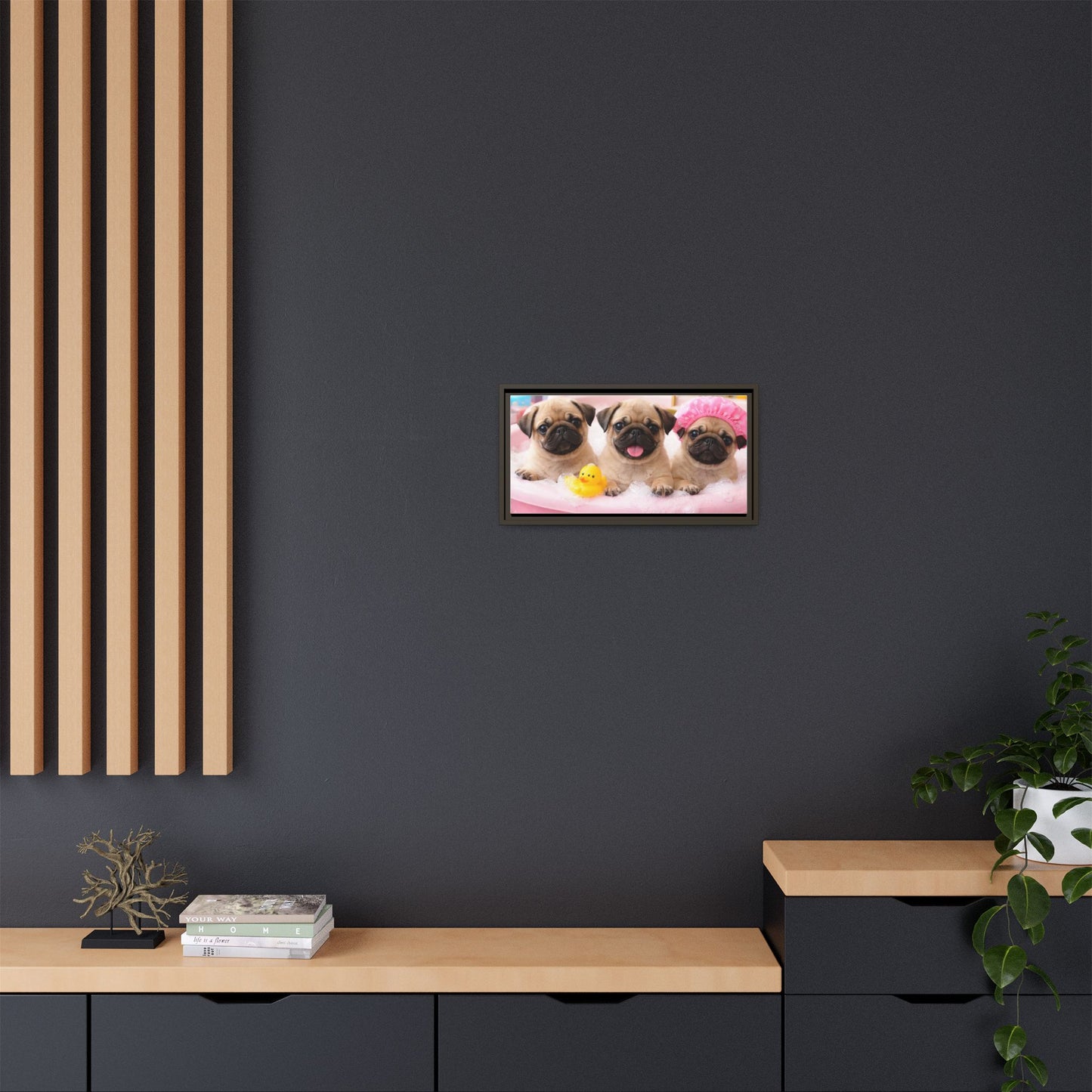 Pug Puppies Bubble Bath Matte Canvas Framed Wall Art