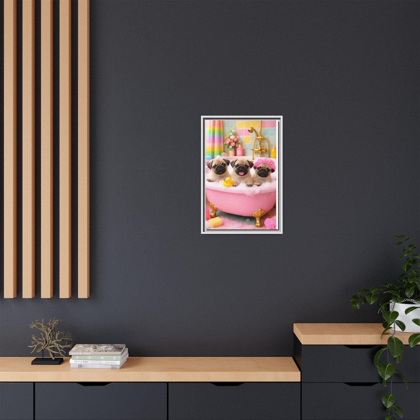 Pug Puppies Bubble Bath Matte Canvas Framed Wall Art