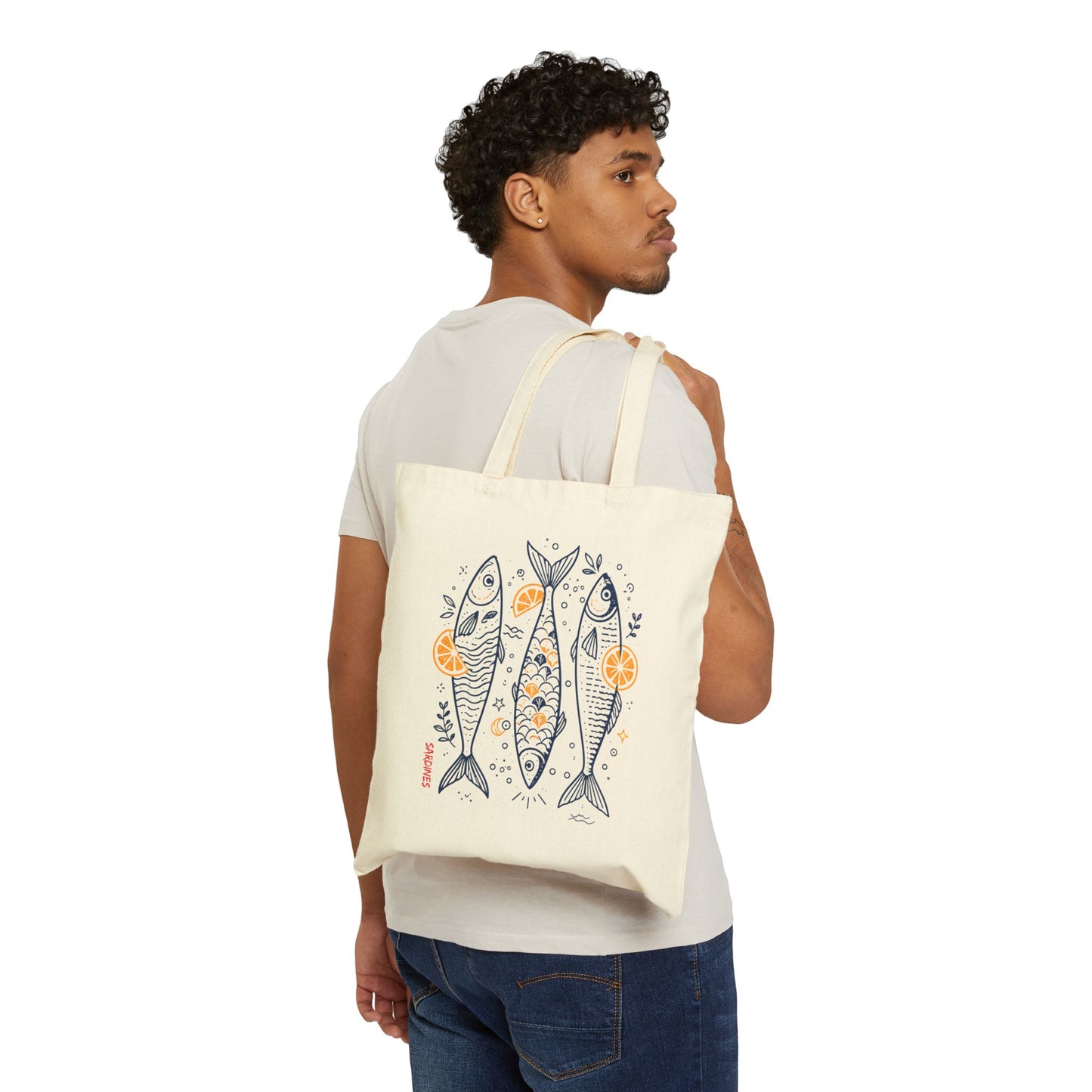 Sardine Trio Canvas Tote Bag – Illustrated Fish & Citrus Eco Shopper