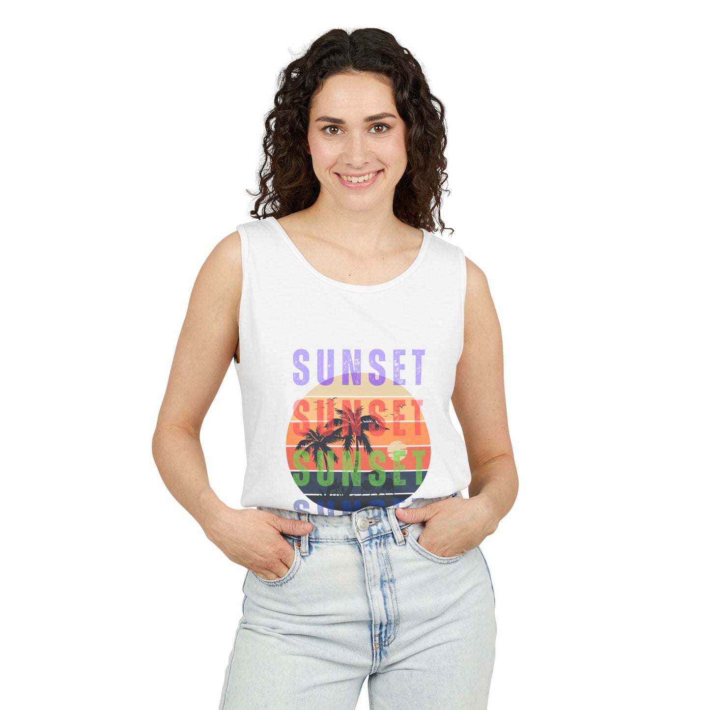 Sunset Palms Tank Top — Retro Beach Sunset Graphic Tank