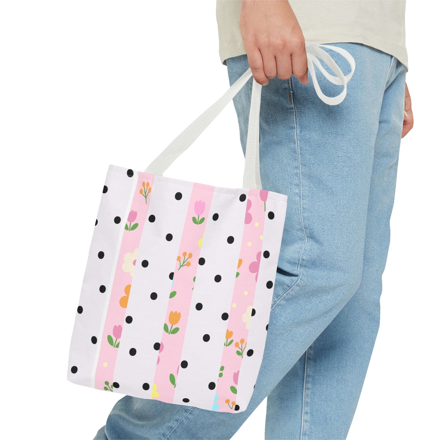 Floral Polka Dot Tote Bag — Pink Striped All-Over Print
