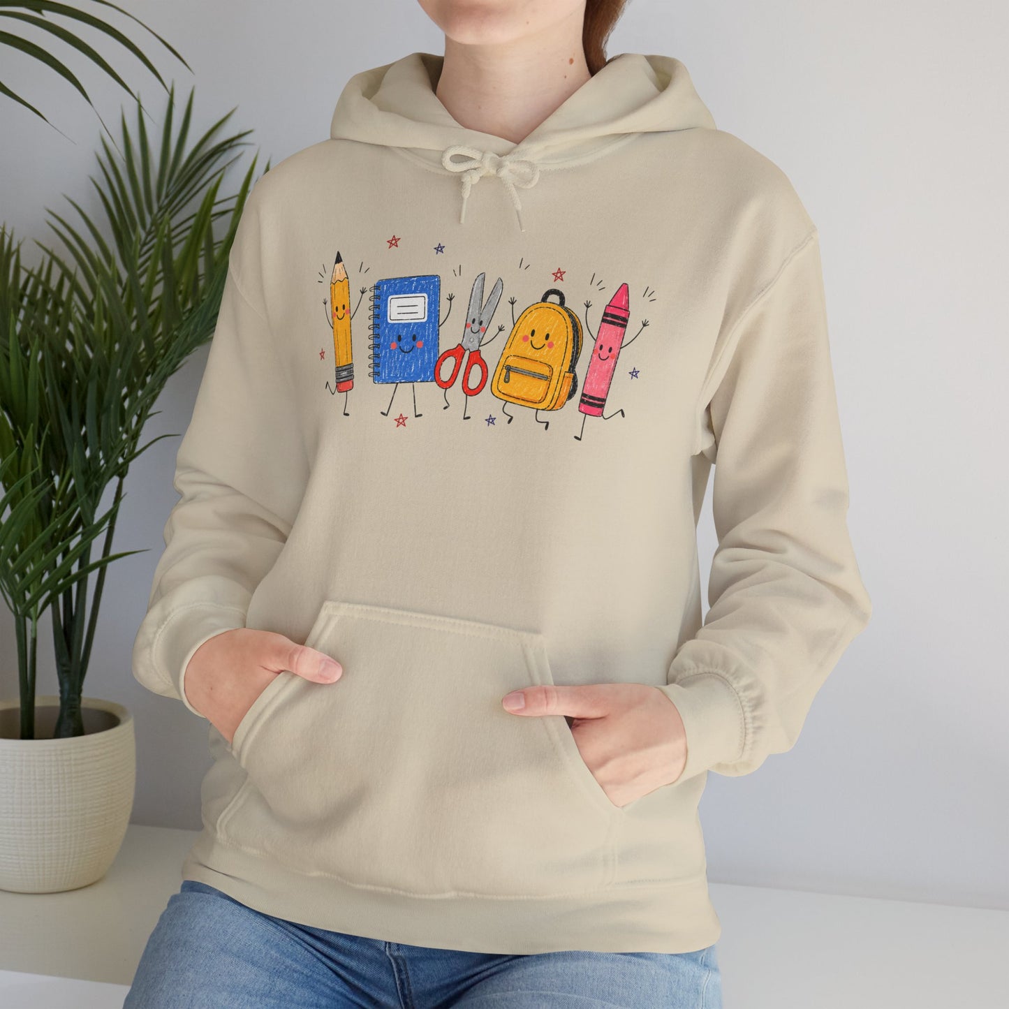 Back-to-School Hoodie – Cute School Supplies Graphic (Pencil, Notebook, Backpack)