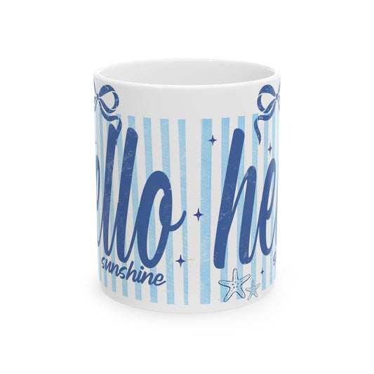 Hello Sunshine Ceramic Mug — Blue Stripes Beach Vibe (11oz & 15oz)