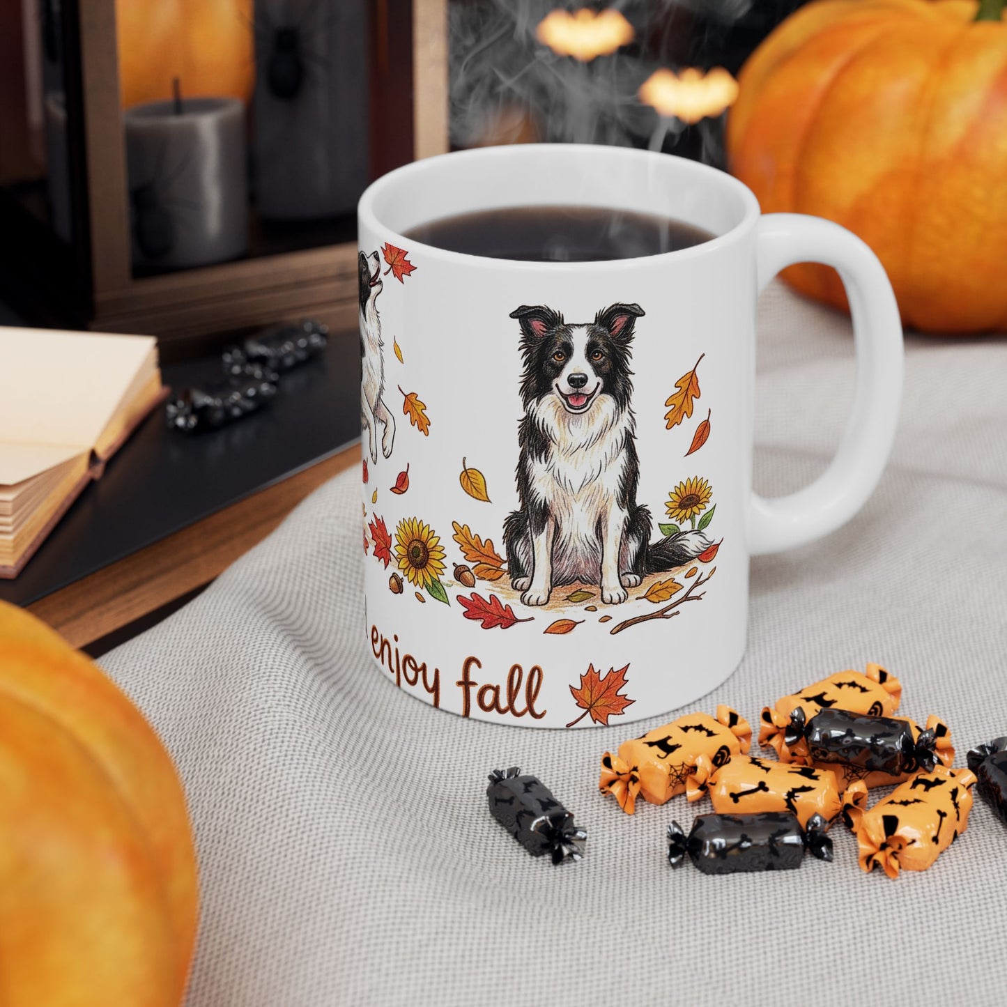 Border Collie Autumn Mug — "Keep Calm and Enjoy Fall" Ceramic Coffee Cup (11oz/15oz)