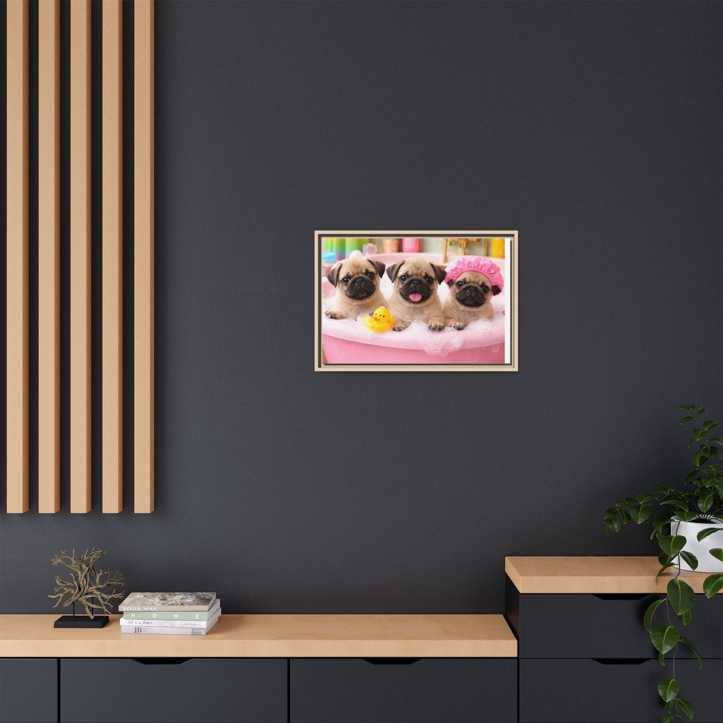 Pug Puppies Bubble Bath Matte Canvas Framed Wall Art