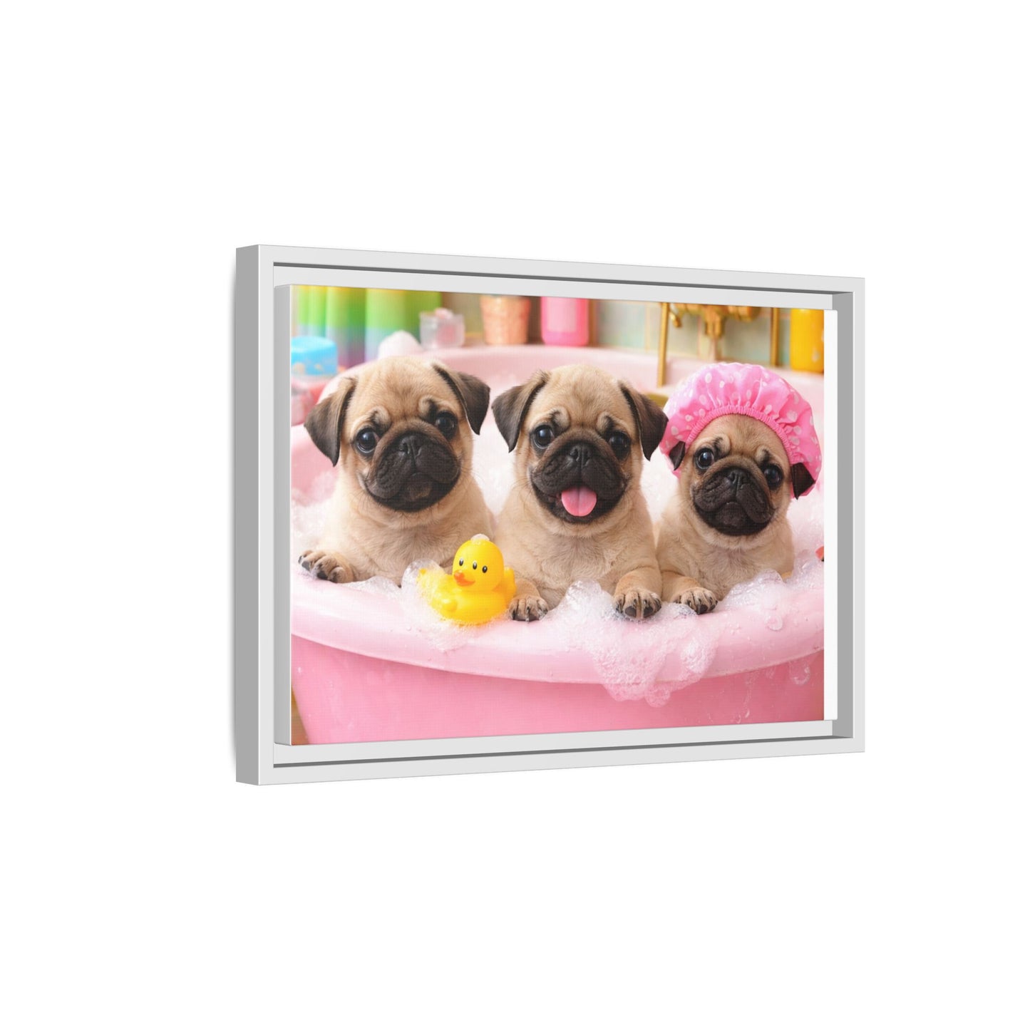 Pug Puppies Bubble Bath Matte Canvas Framed Wall Art
