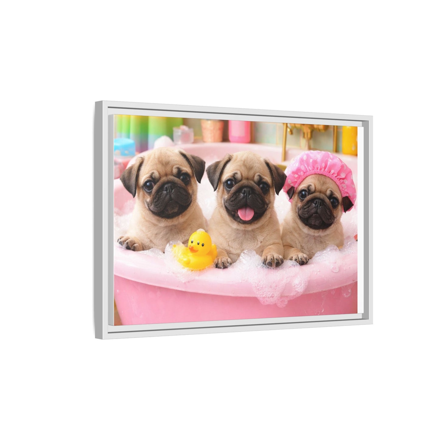 Pug Puppies Bubble Bath Matte Canvas Framed Wall Art
