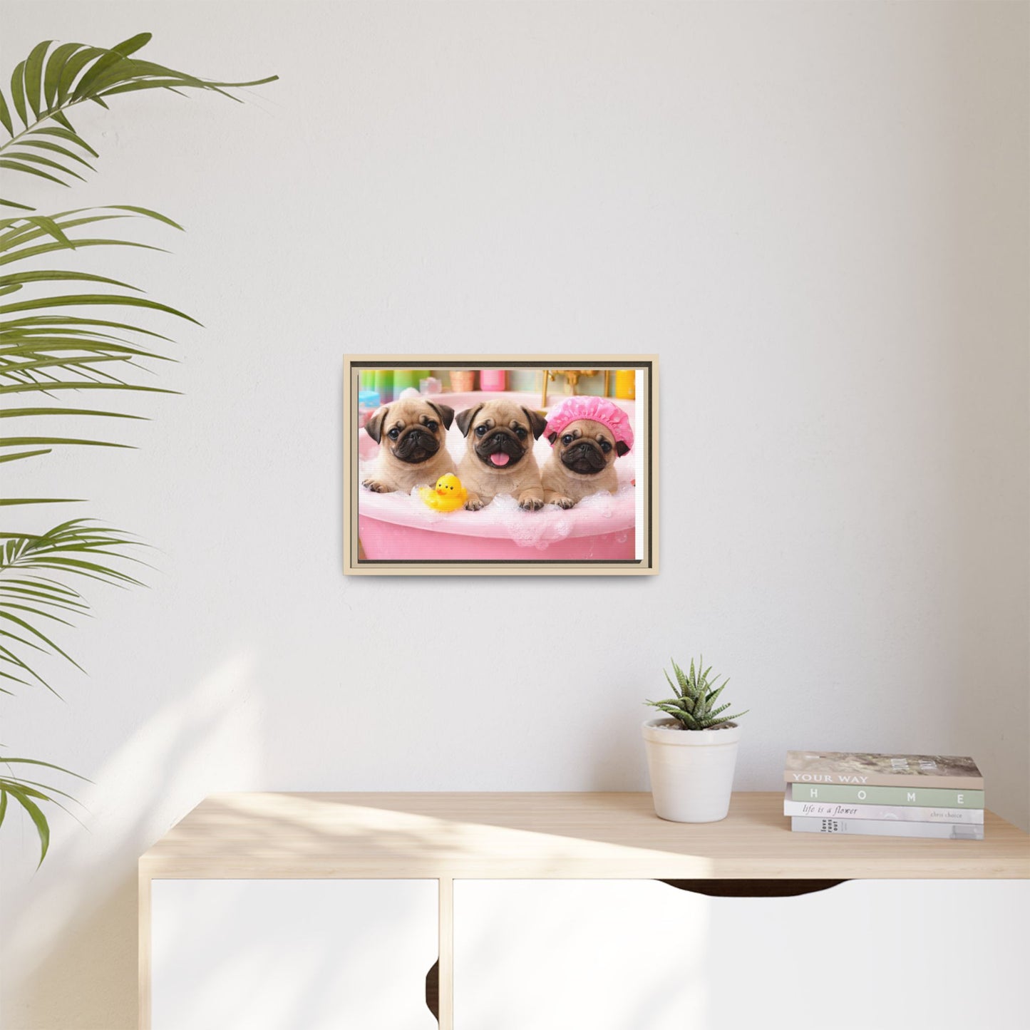 Pug Puppies Bubble Bath Matte Canvas Framed Wall Art