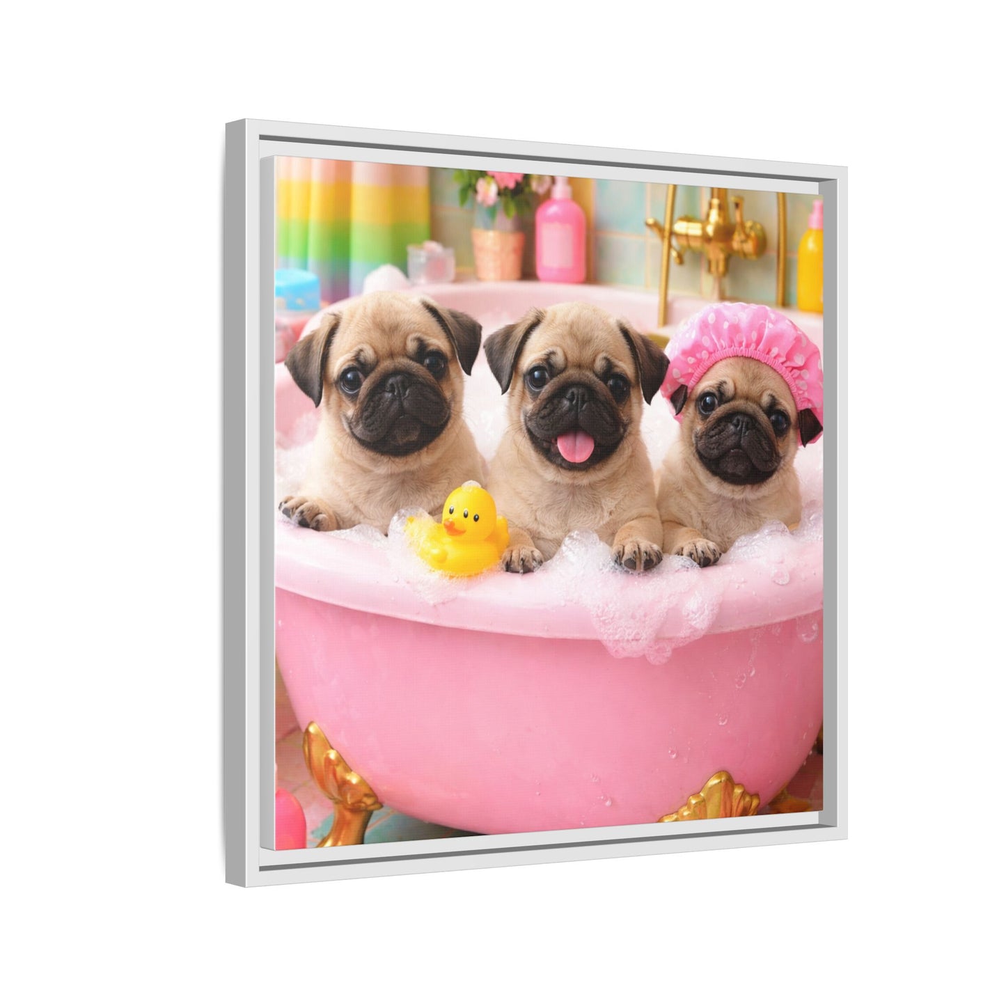 Pug Puppies Bubble Bath Matte Canvas Framed Wall Art