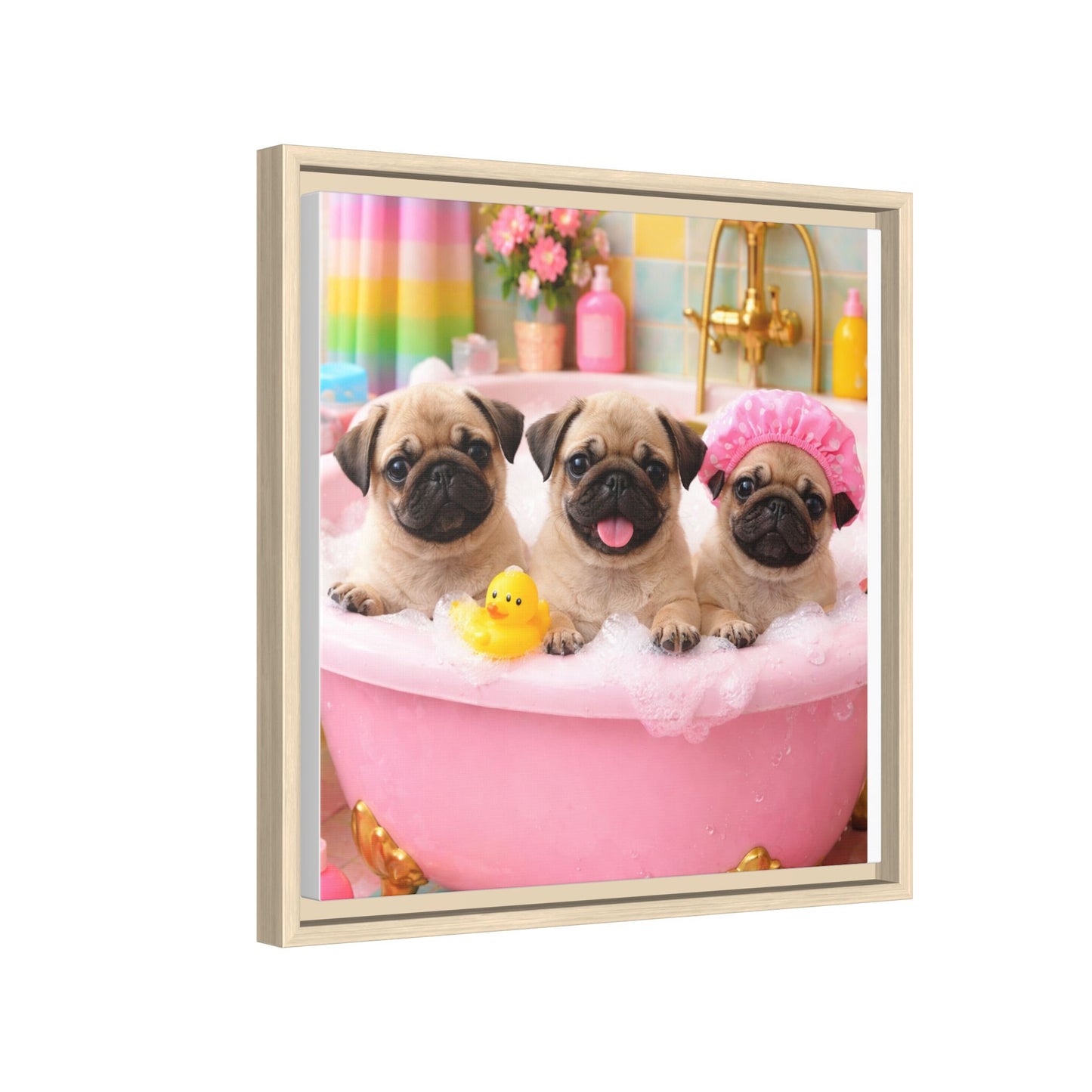 Pug Puppies Bubble Bath Matte Canvas Framed Wall Art