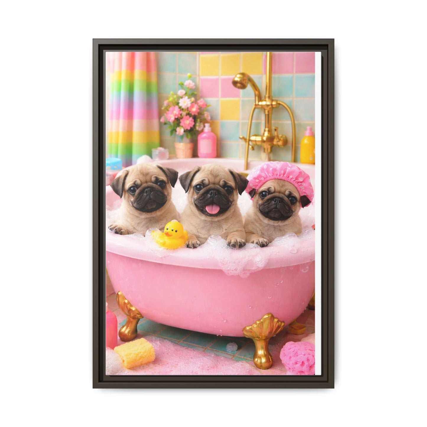 Pug Puppies Bubble Bath Matte Canvas Framed Wall Art