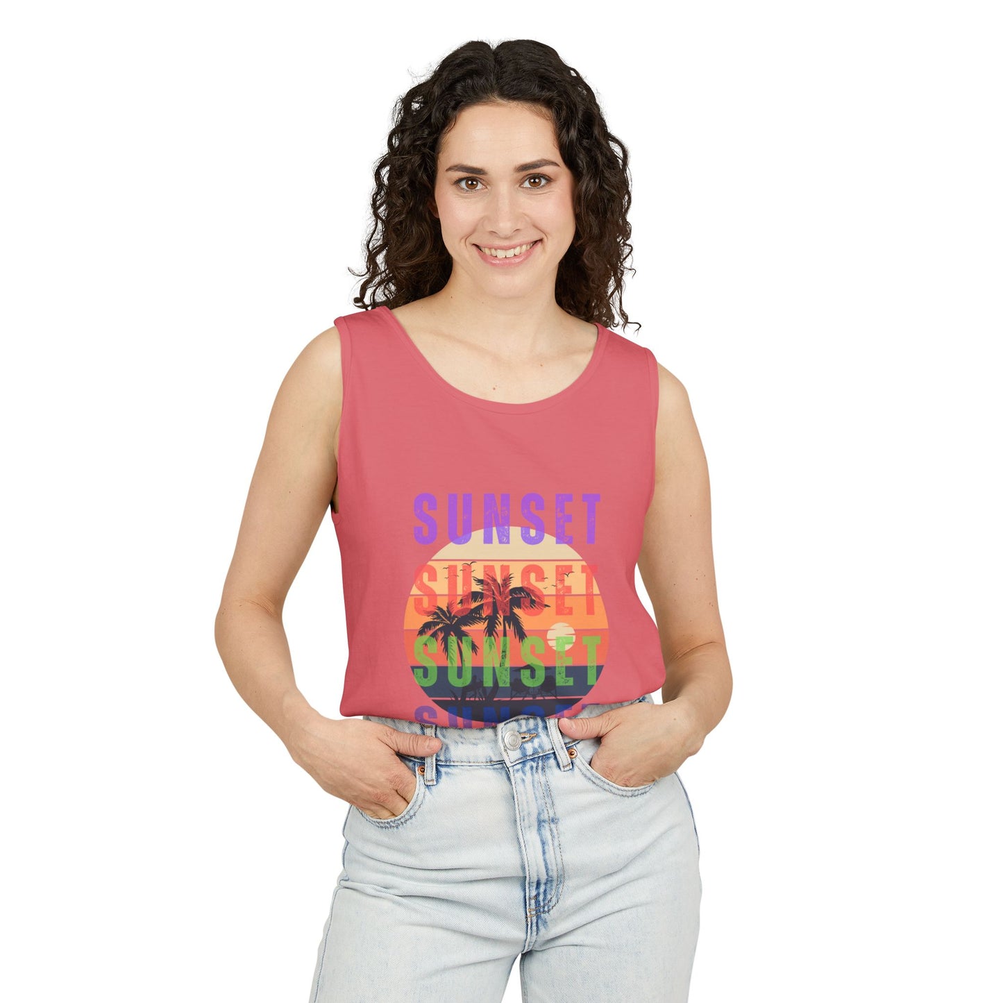 Sunset Palms Tank Top — Retro Beach Sunset Graphic Tank