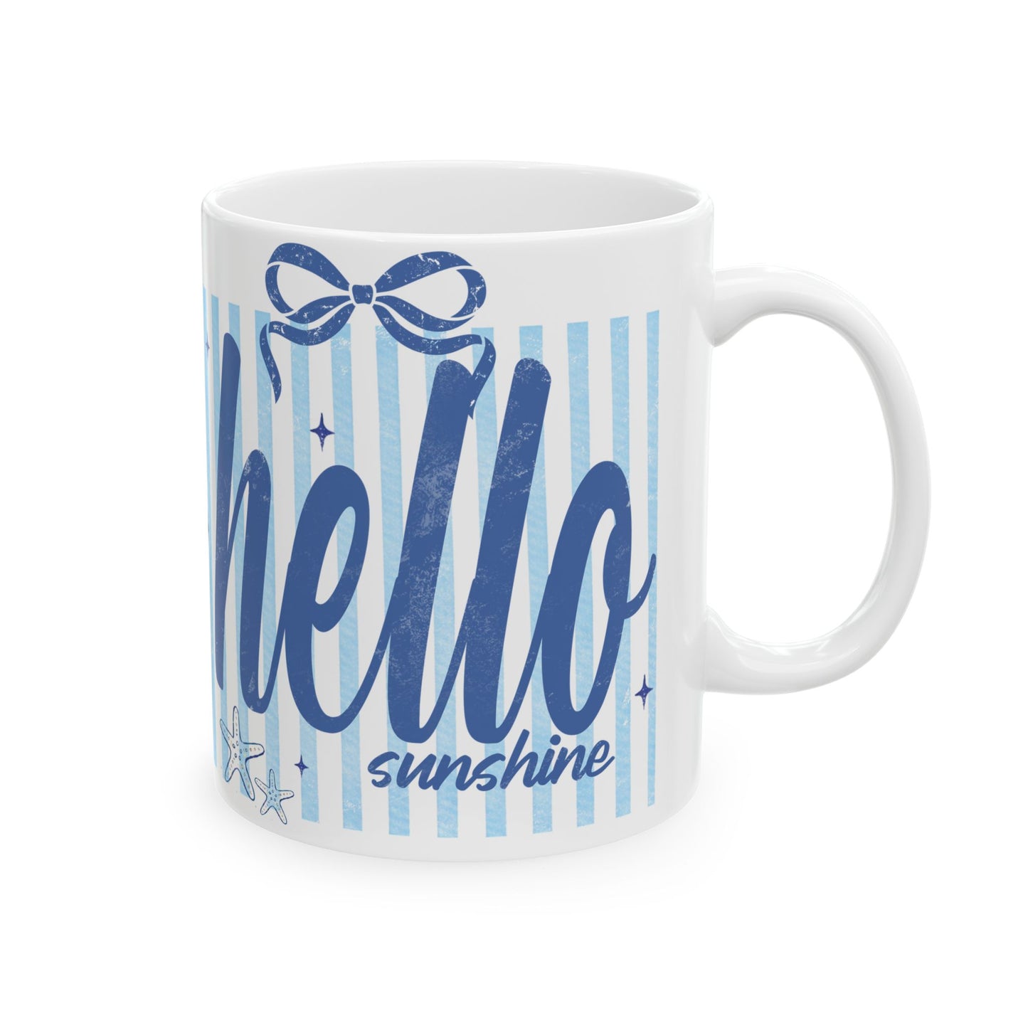 Hello Sunshine Ceramic Mug — Blue Stripes Beach Vibe (11oz & 15oz)