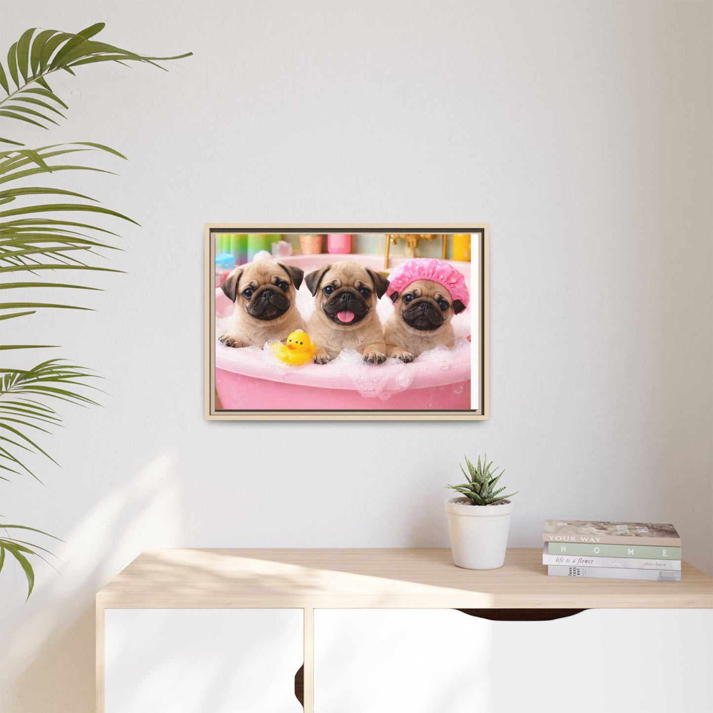 Pug Puppies Bubble Bath Matte Canvas Framed Wall Art