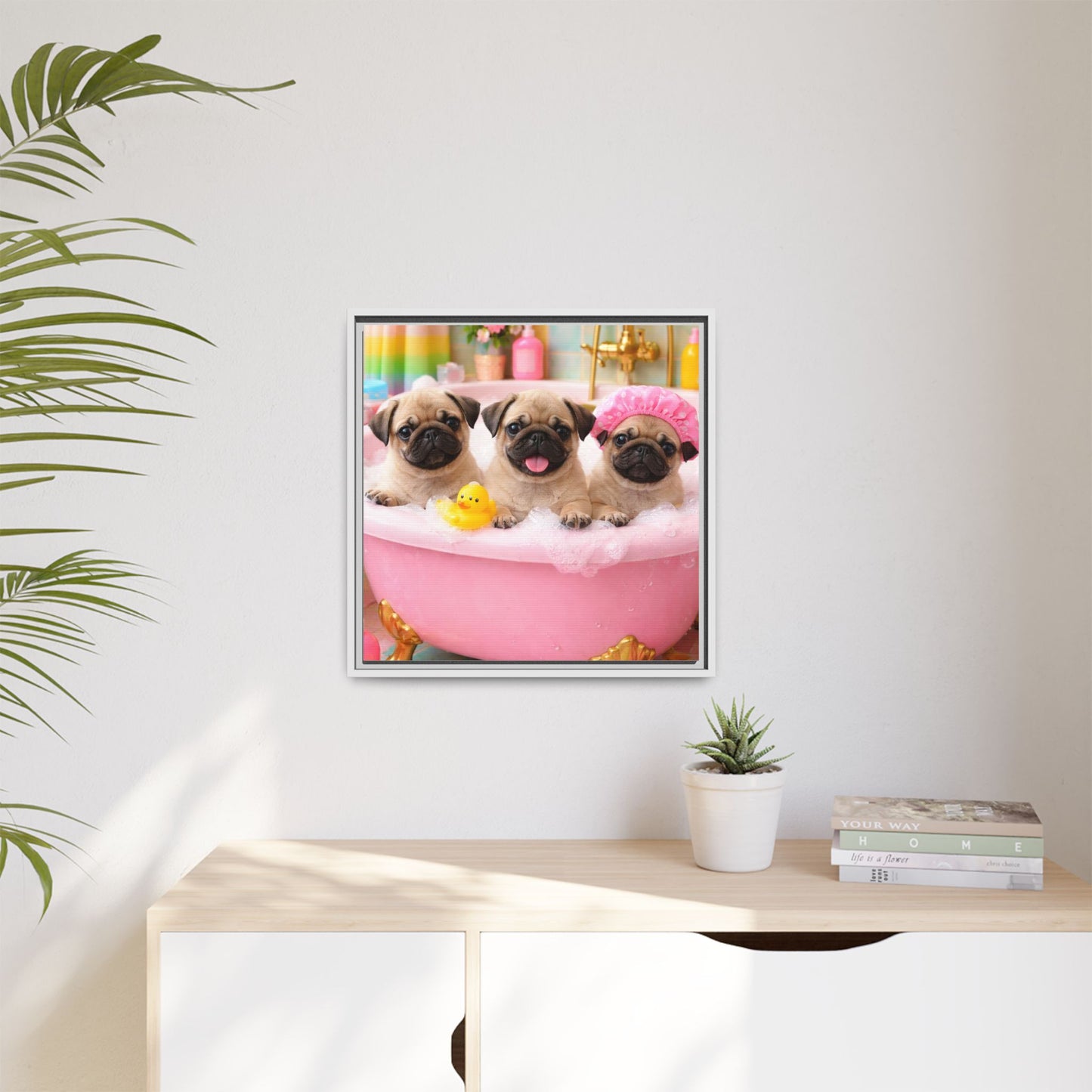 Pug Puppies Bubble Bath Matte Canvas Framed Wall Art