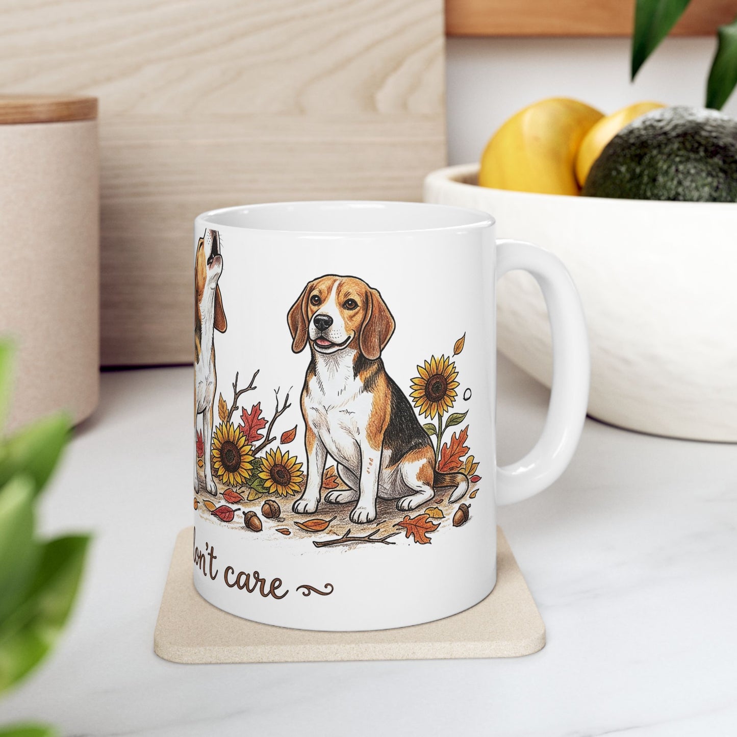 Beagle Fall Mug - "Crisp Air, Don't Care" Autumn Coffee Cup (11oz/15oz)