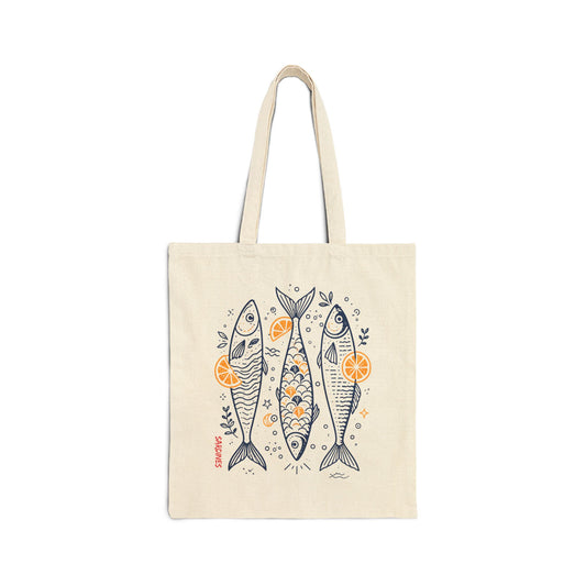 Sardine Trio Canvas Tote Bag – Illustrated Fish & Citrus Eco Shopper
