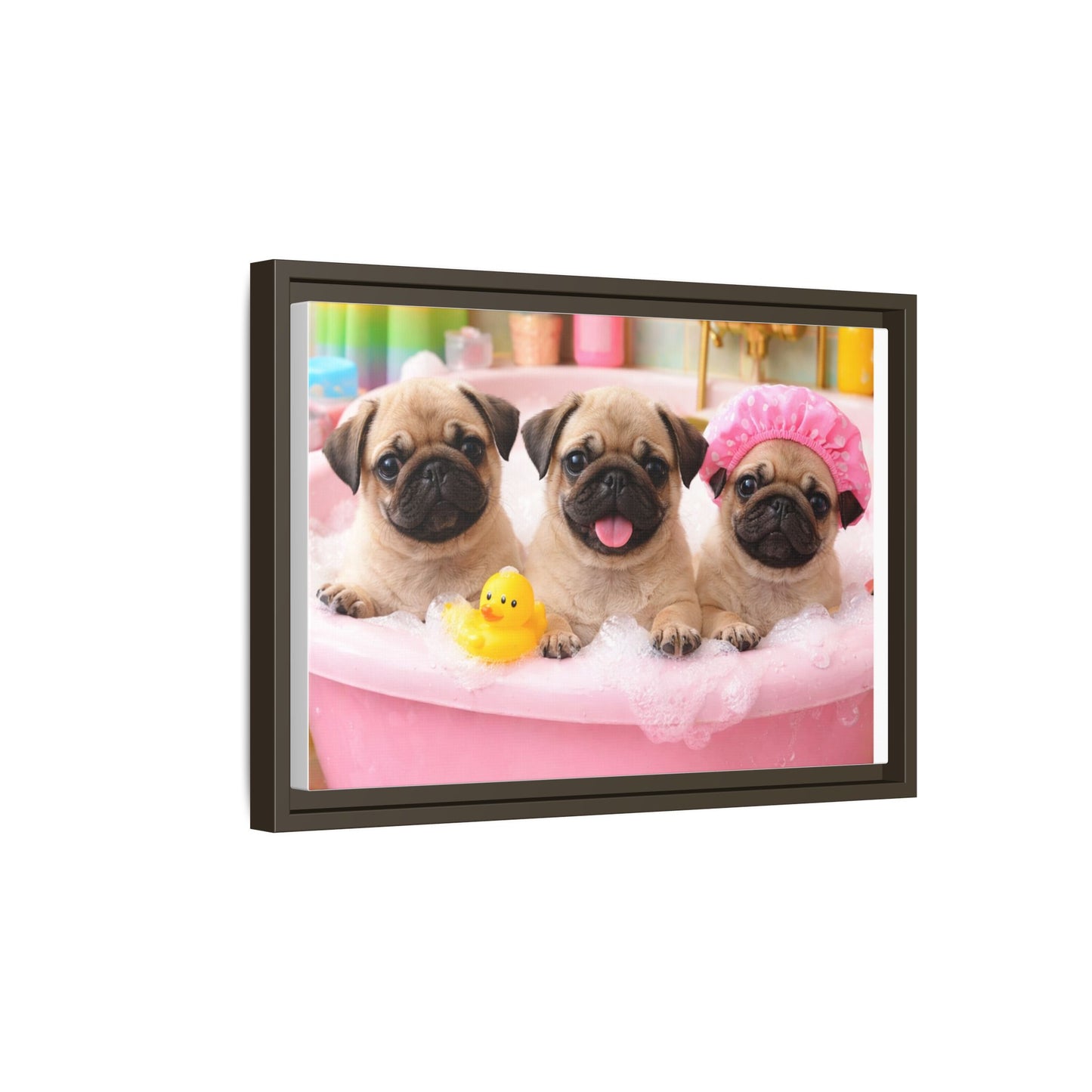 Pug Puppies Bubble Bath Matte Canvas Framed Wall Art