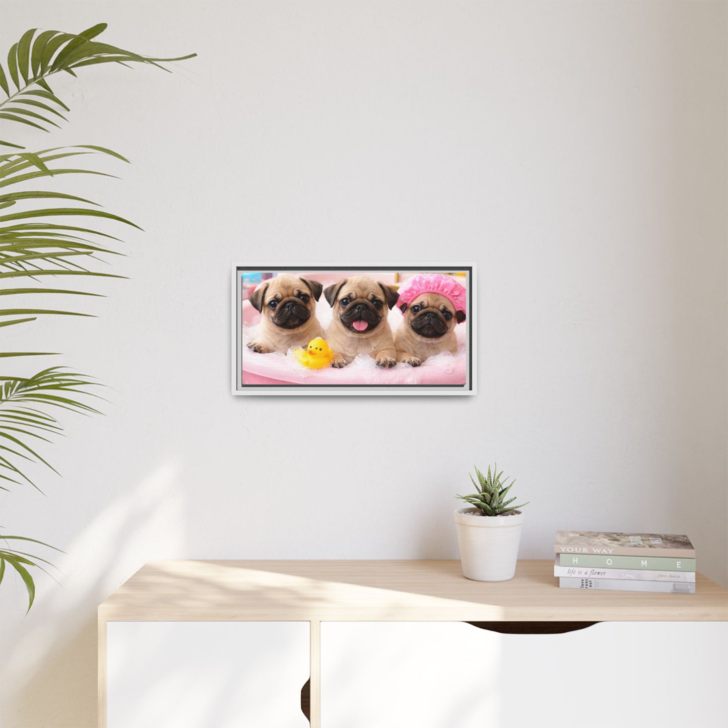 Pug Puppies Bubble Bath Matte Canvas Framed Wall Art