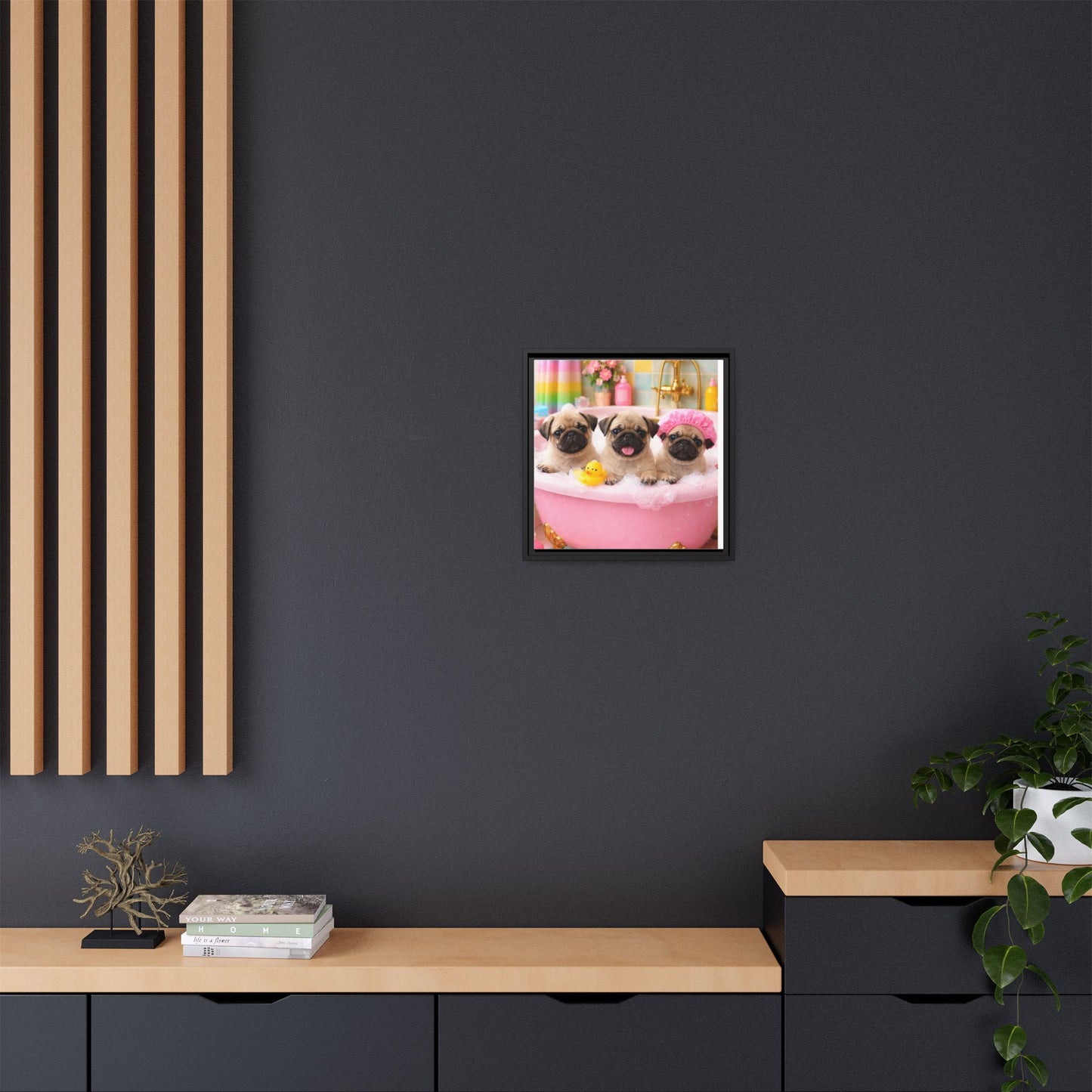 Pug Puppies Bubble Bath Matte Canvas Framed Wall Art