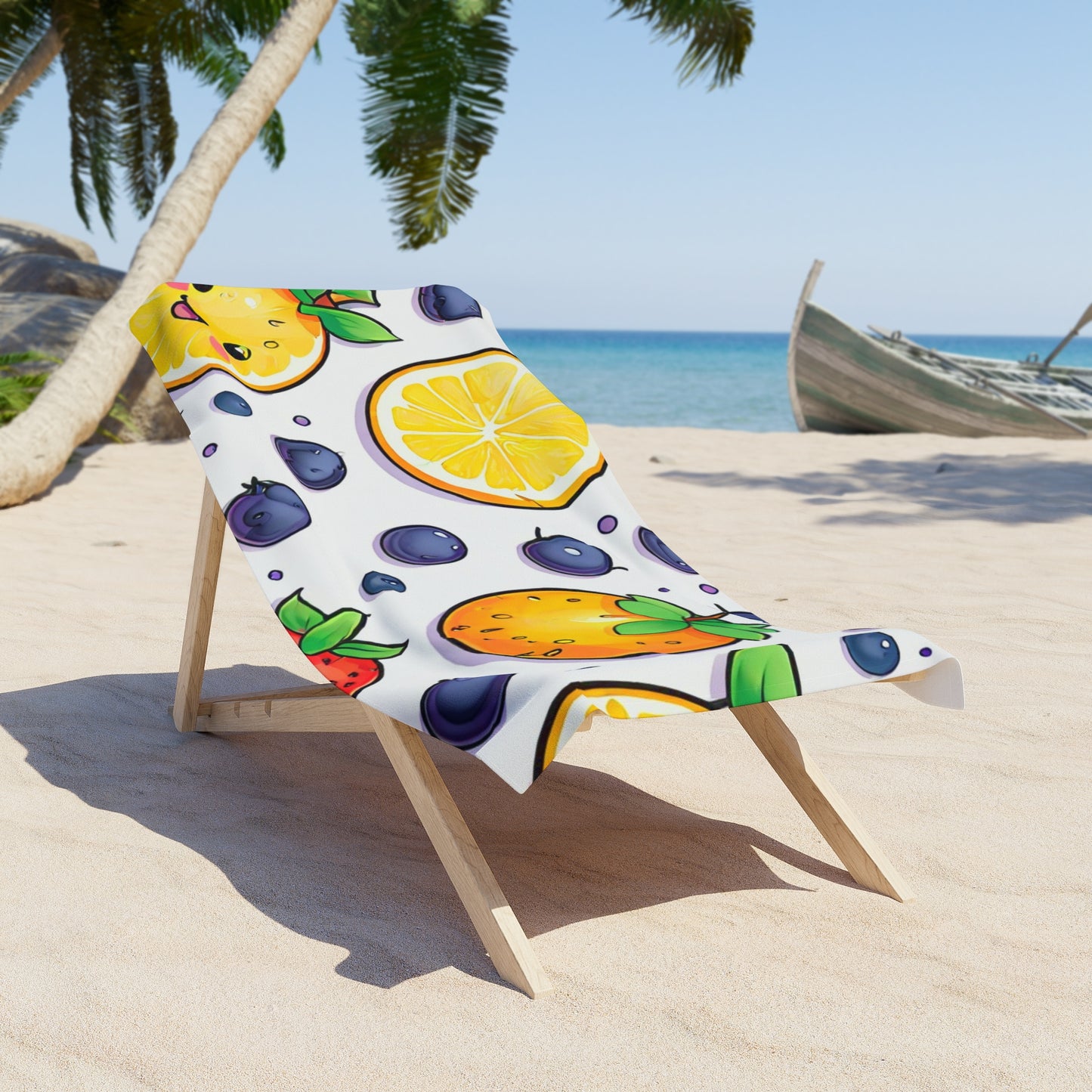 Kawaii Citrus & Berries Beach Towel — Cute Lemon, Orange & Blueberry Pattern
