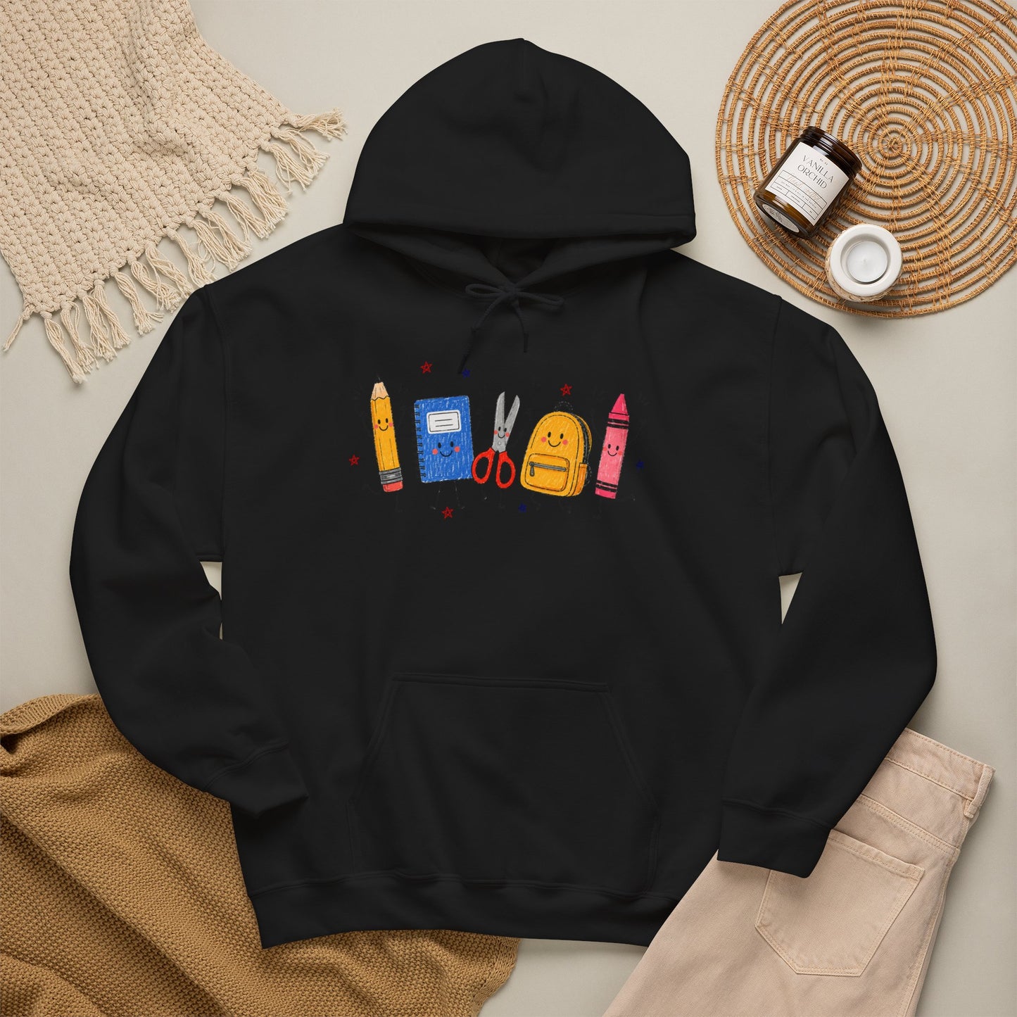 Back-to-School Hoodie – Cute School Supplies Graphic (Pencil, Notebook, Backpack)