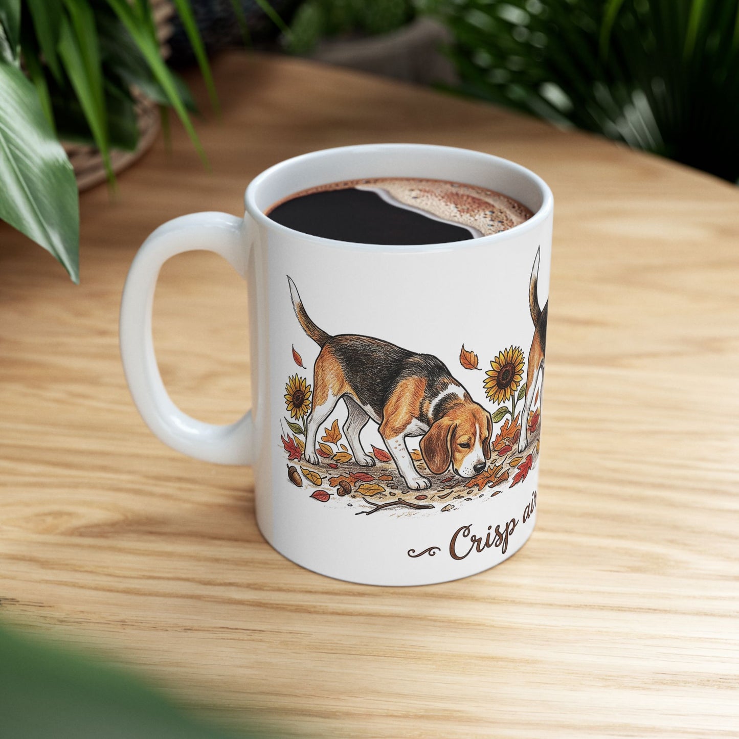 Beagle Fall Mug - "Crisp Air, Don't Care" Autumn Coffee Cup (11oz/15oz)