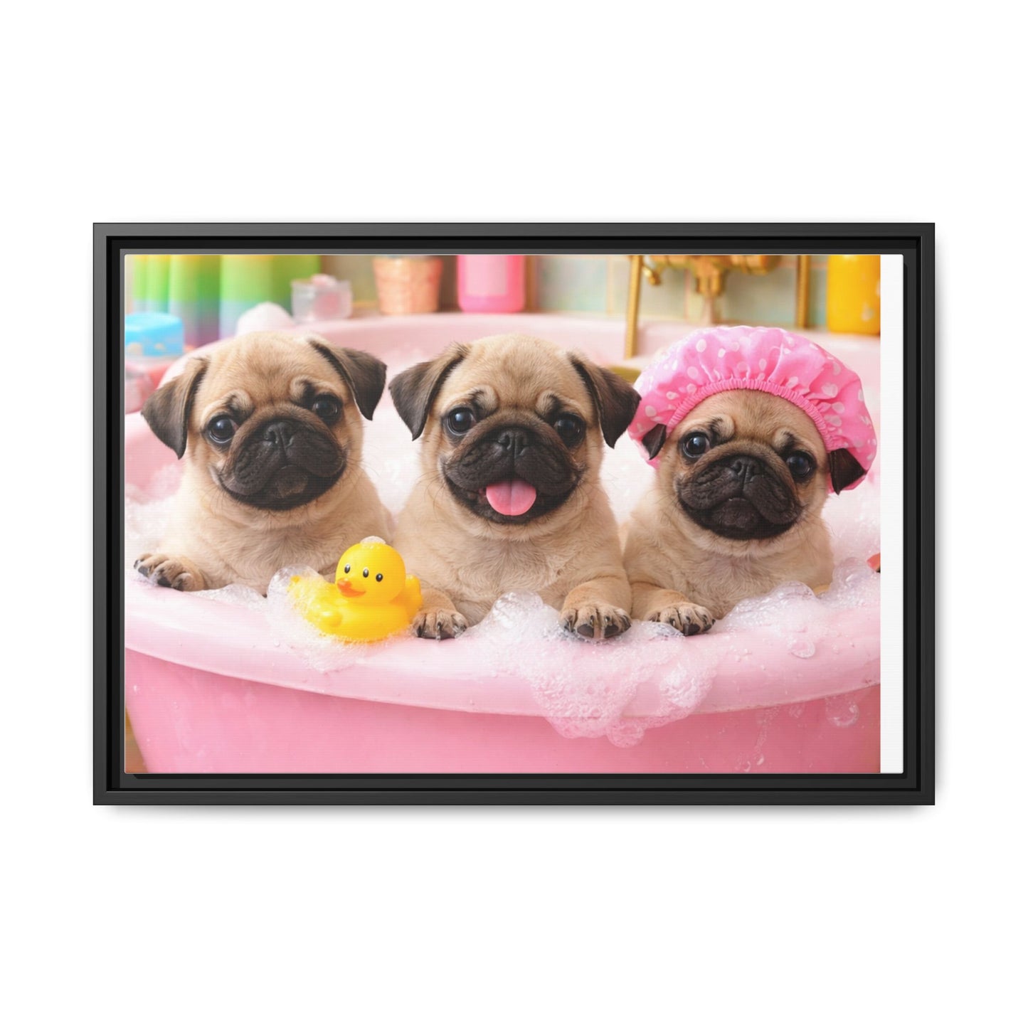 Pug Puppies Bubble Bath Matte Canvas Framed Wall Art