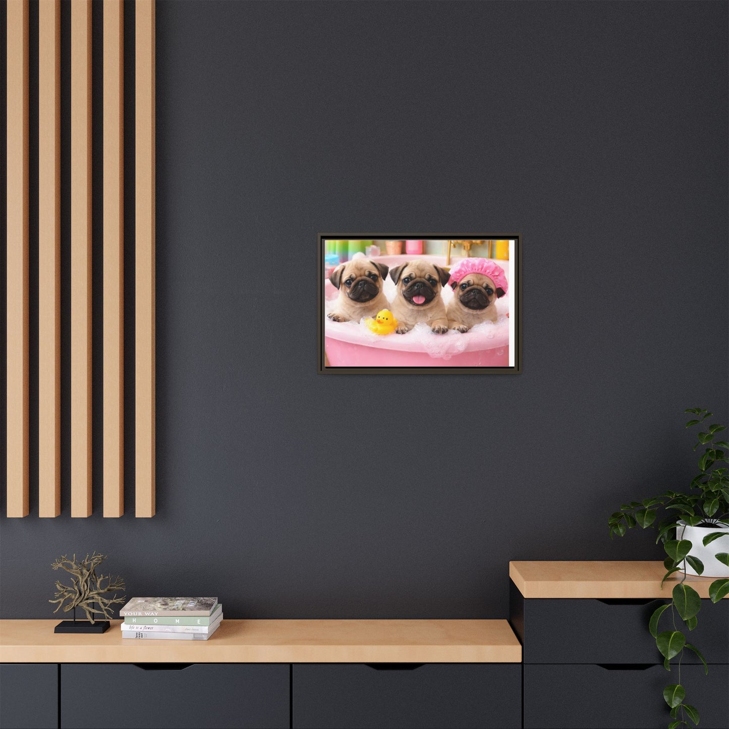 Pug Puppies Bubble Bath Matte Canvas Framed Wall Art