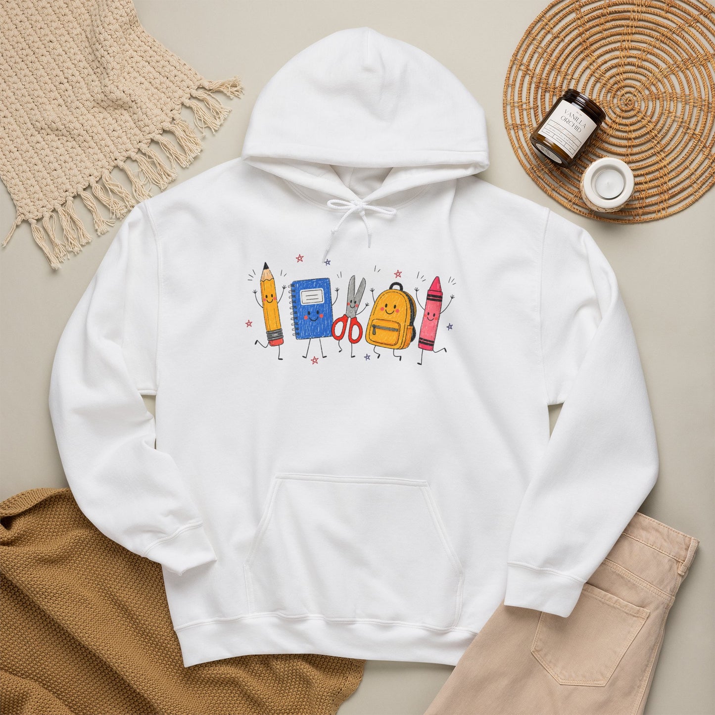 Back-to-School Hoodie – Cute School Supplies Graphic (Pencil, Notebook, Backpack)