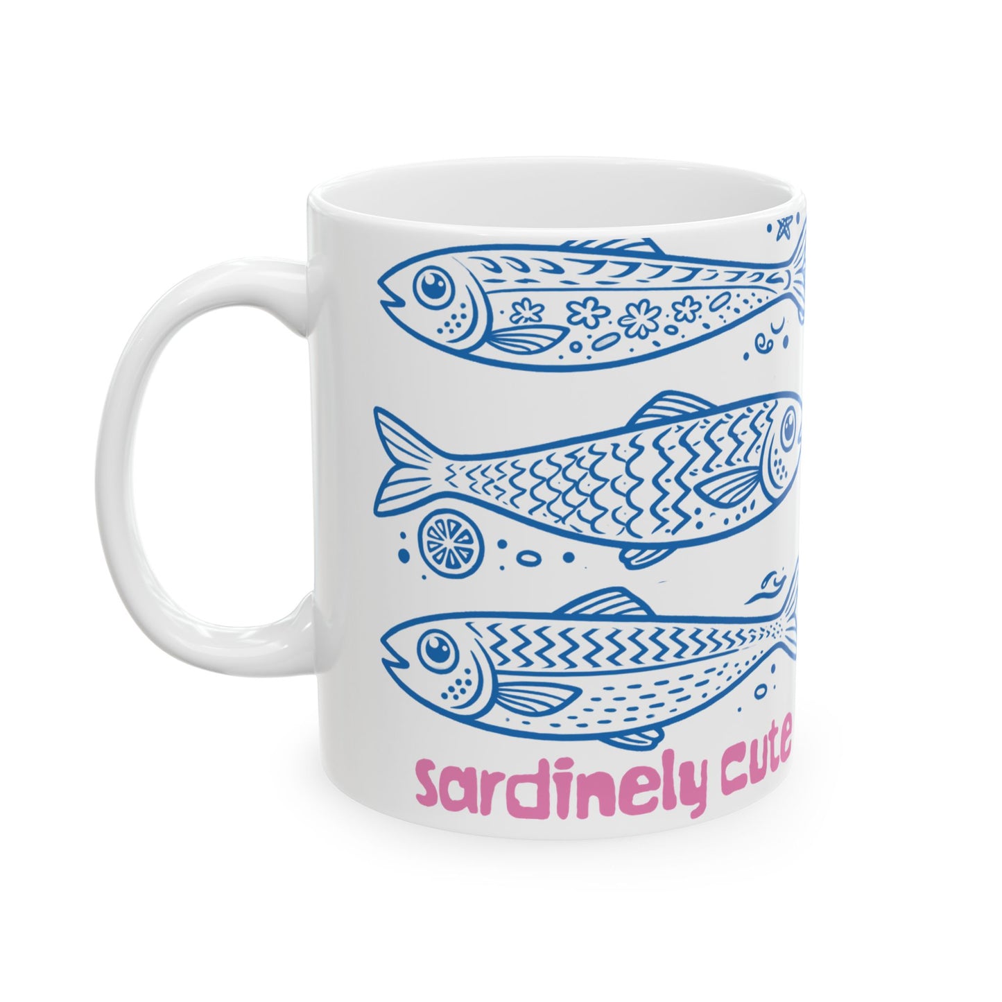 Sardine Cute Ceramic Mug (11oz/15oz) — Whimsical Blue Fish Pattern
