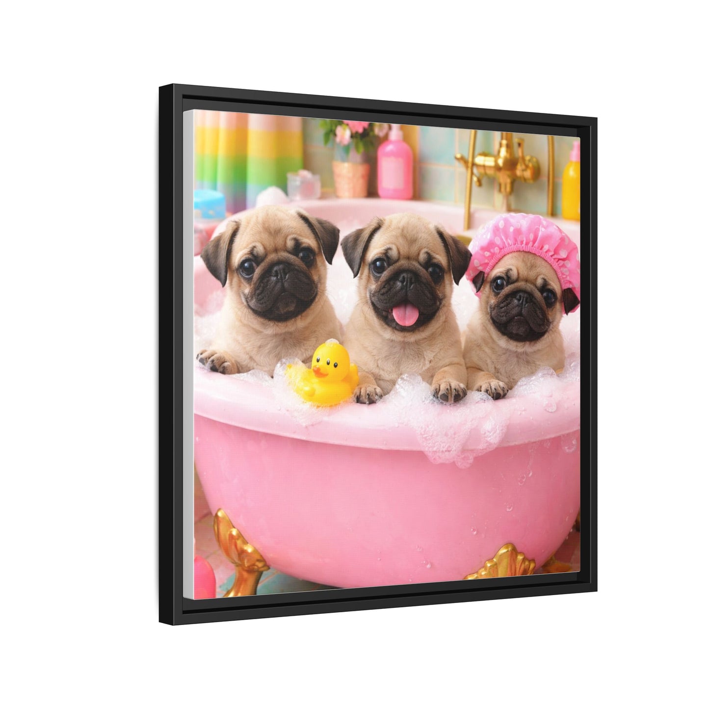 Pug Puppies Bubble Bath Matte Canvas Framed Wall Art