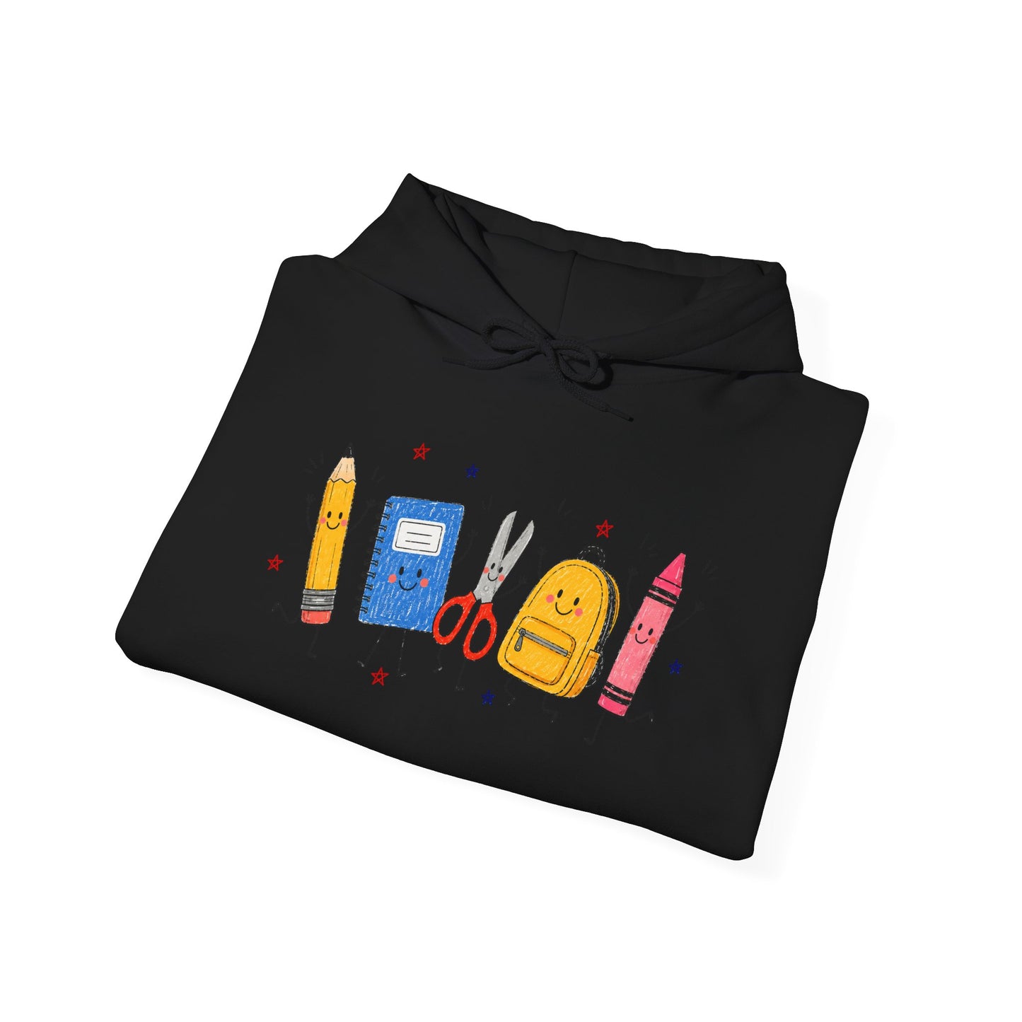Back-to-School Hoodie – Cute School Supplies Graphic (Pencil, Notebook, Backpack)