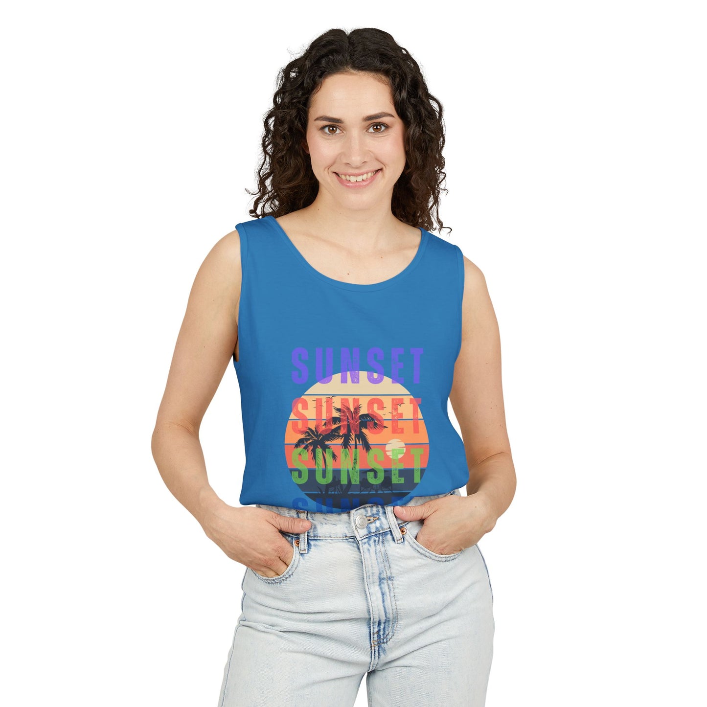 Sunset Palms Tank Top — Retro Beach Sunset Graphic Tank