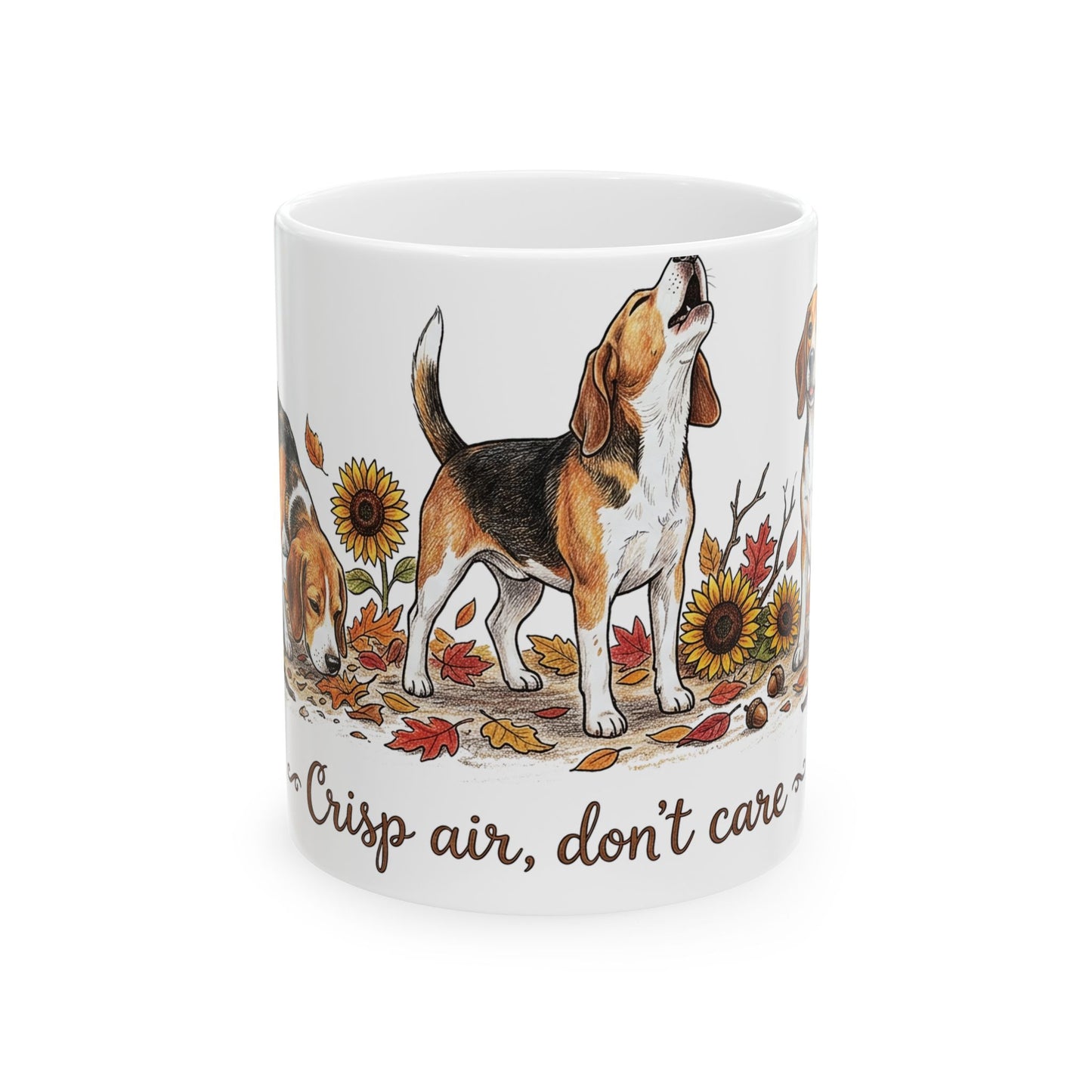 Beagle Fall Mug - "Crisp Air, Don't Care" Autumn Coffee Cup (11oz/15oz)