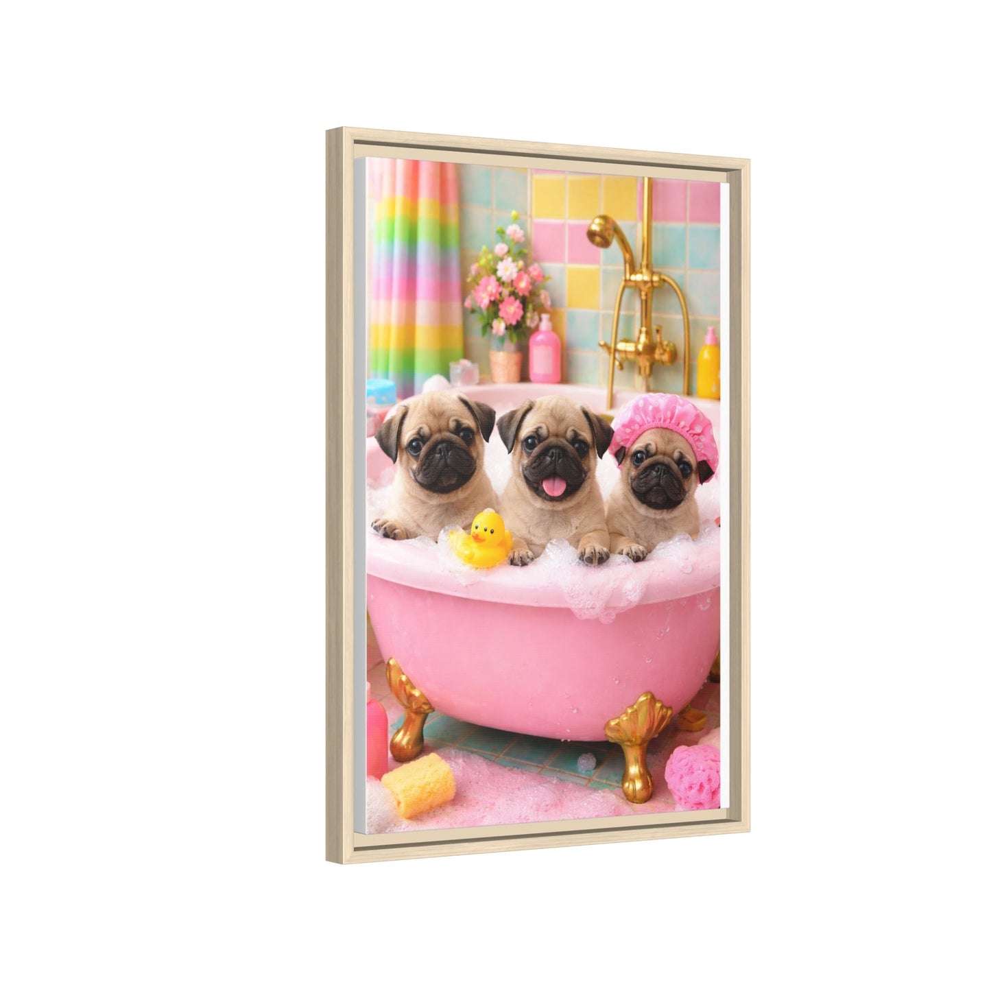 Pug Puppies Bubble Bath Matte Canvas Framed Wall Art