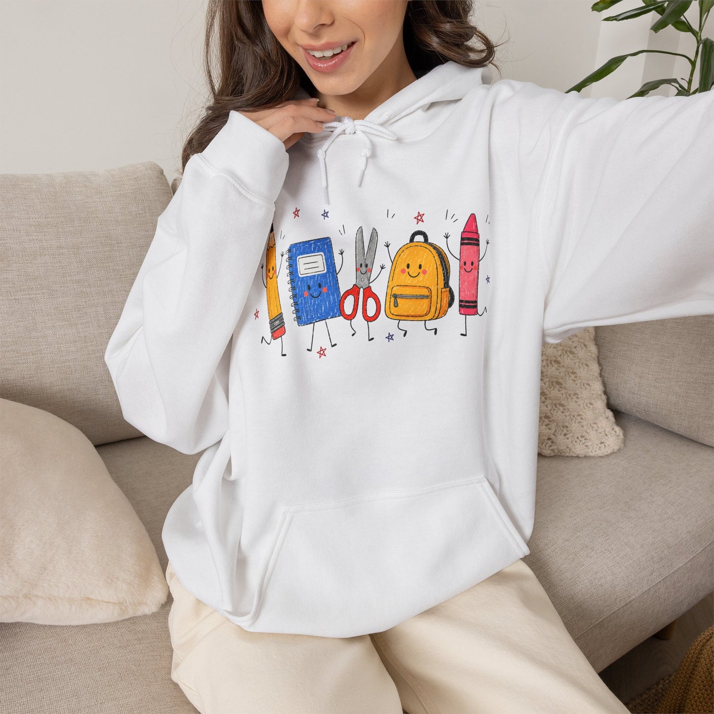 Back-to-School Hoodie – Cute School Supplies Graphic (Pencil, Notebook, Backpack)
