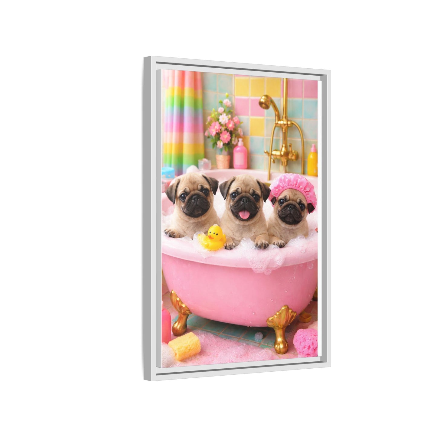 Pug Puppies Bubble Bath Matte Canvas Framed Wall Art