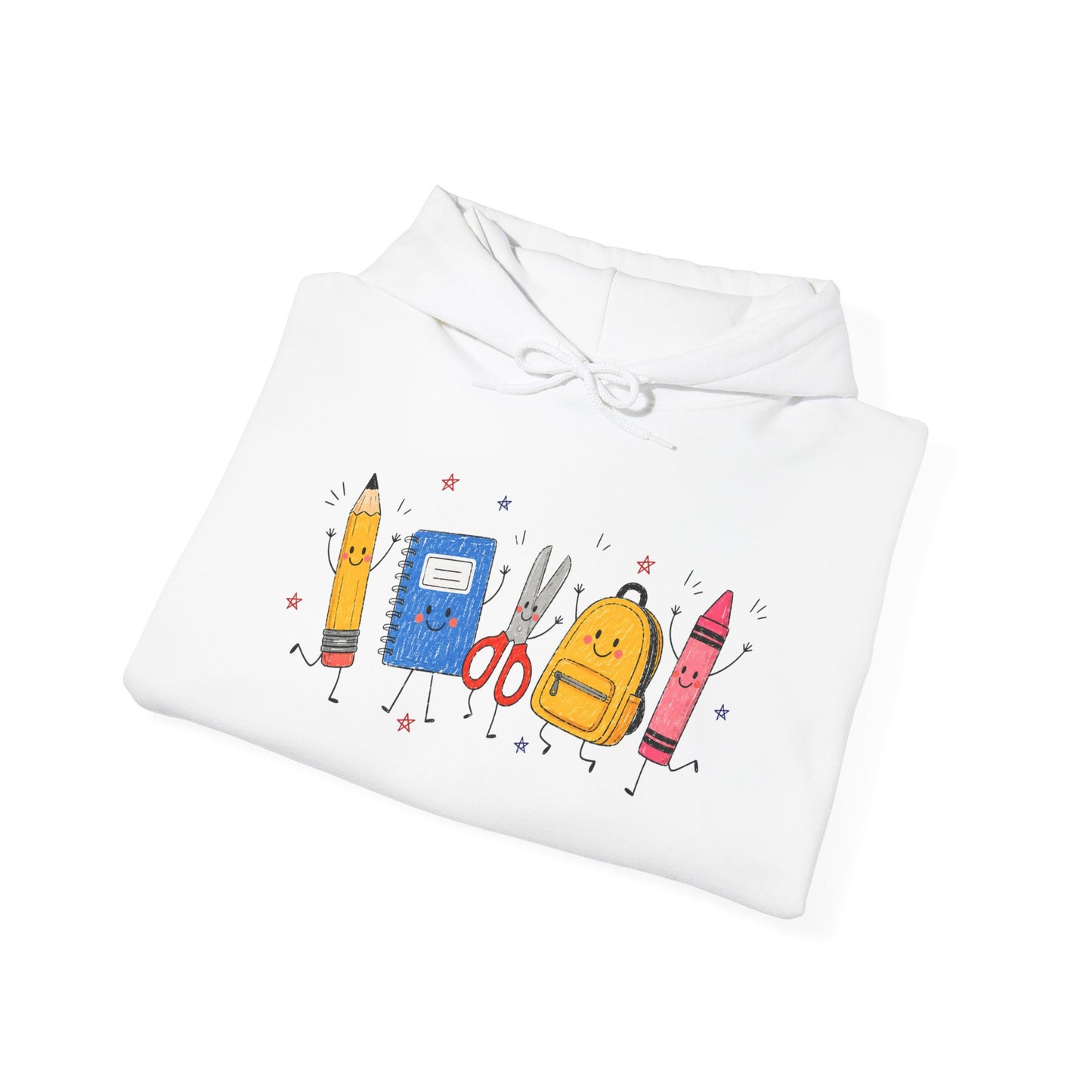 Back-to-School Hoodie – Cute School Supplies Graphic (Pencil, Notebook, Backpack)