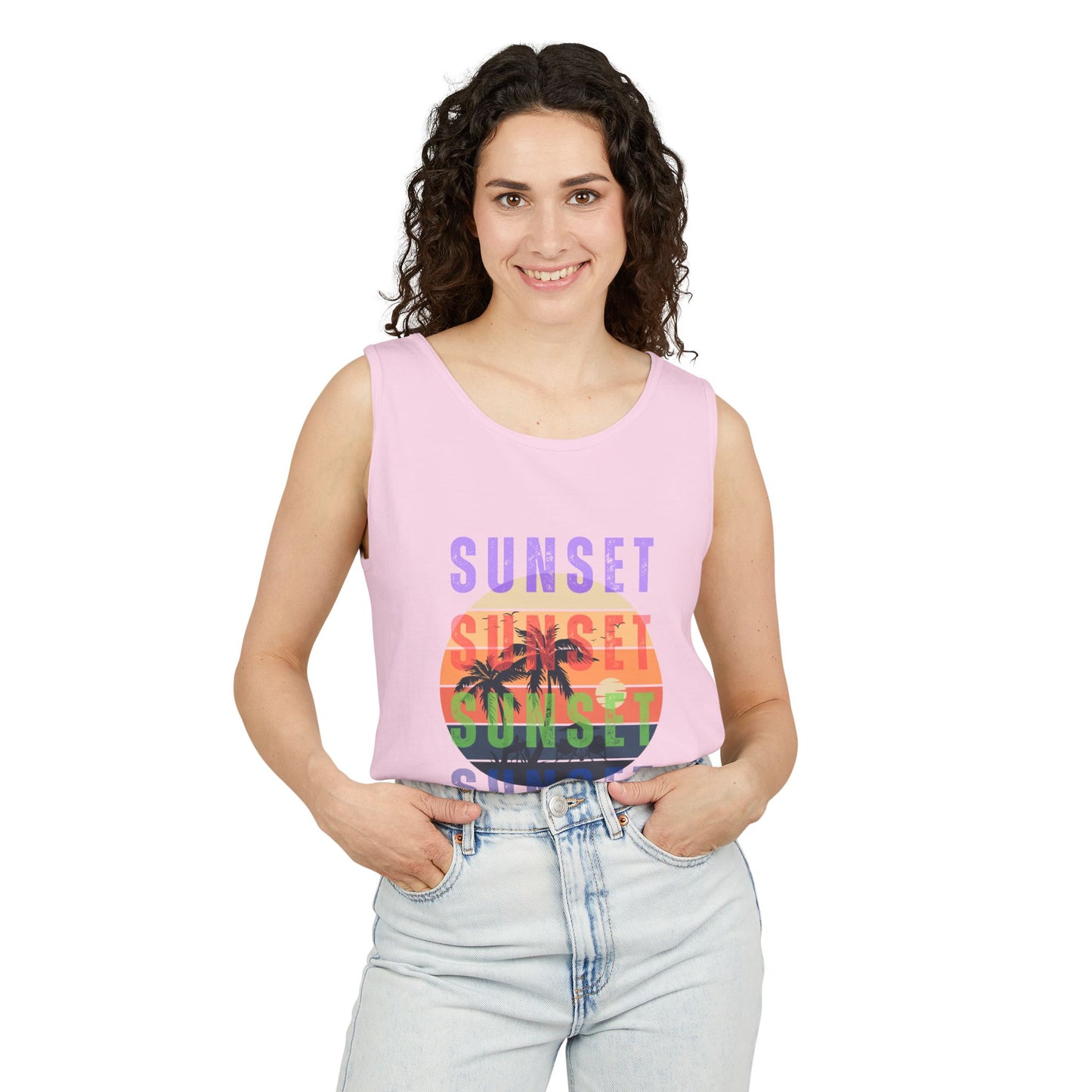 Sunset Palms Tank Top — Retro Beach Sunset Graphic Tank