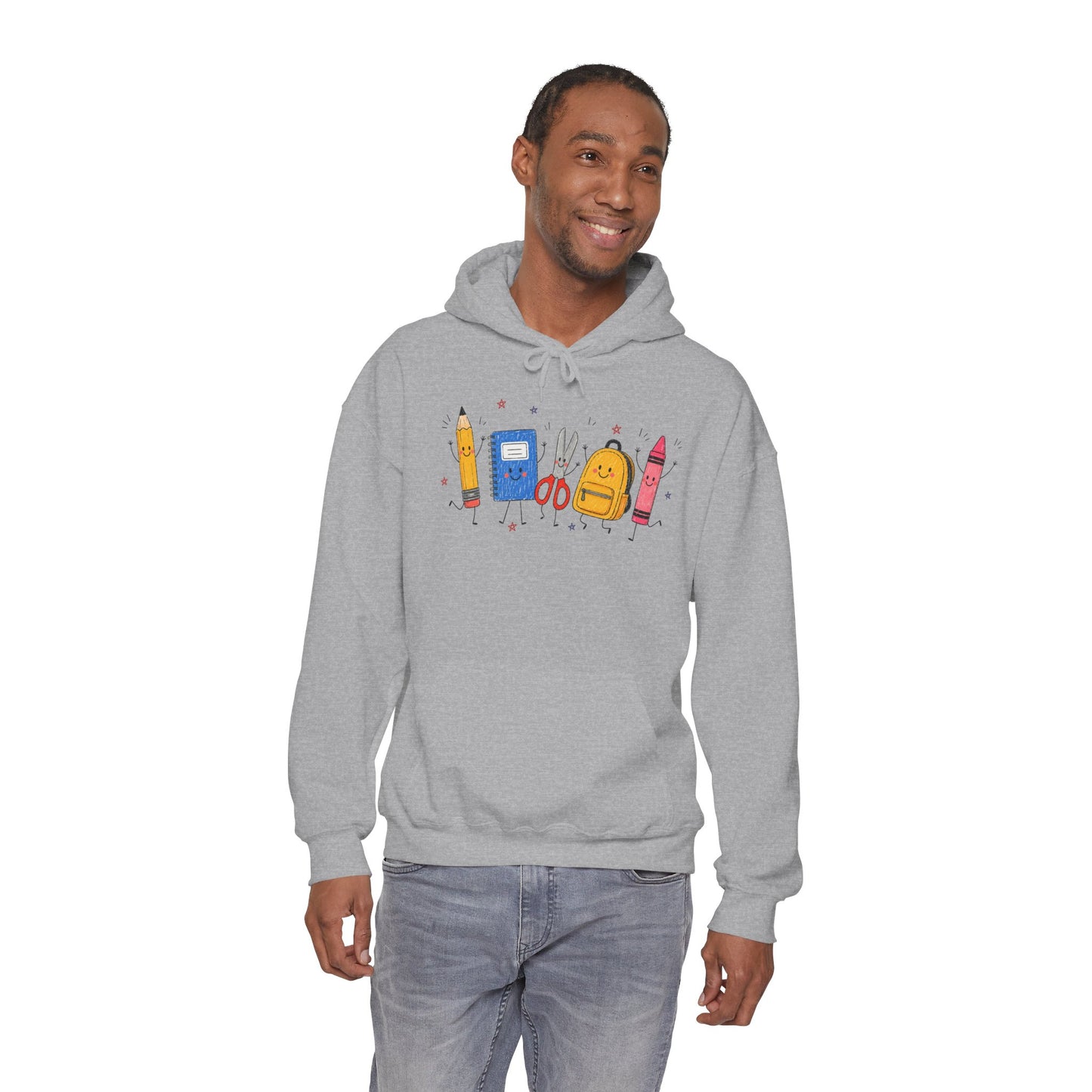 Back-to-School Hoodie – Cute School Supplies Graphic (Pencil, Notebook, Backpack)