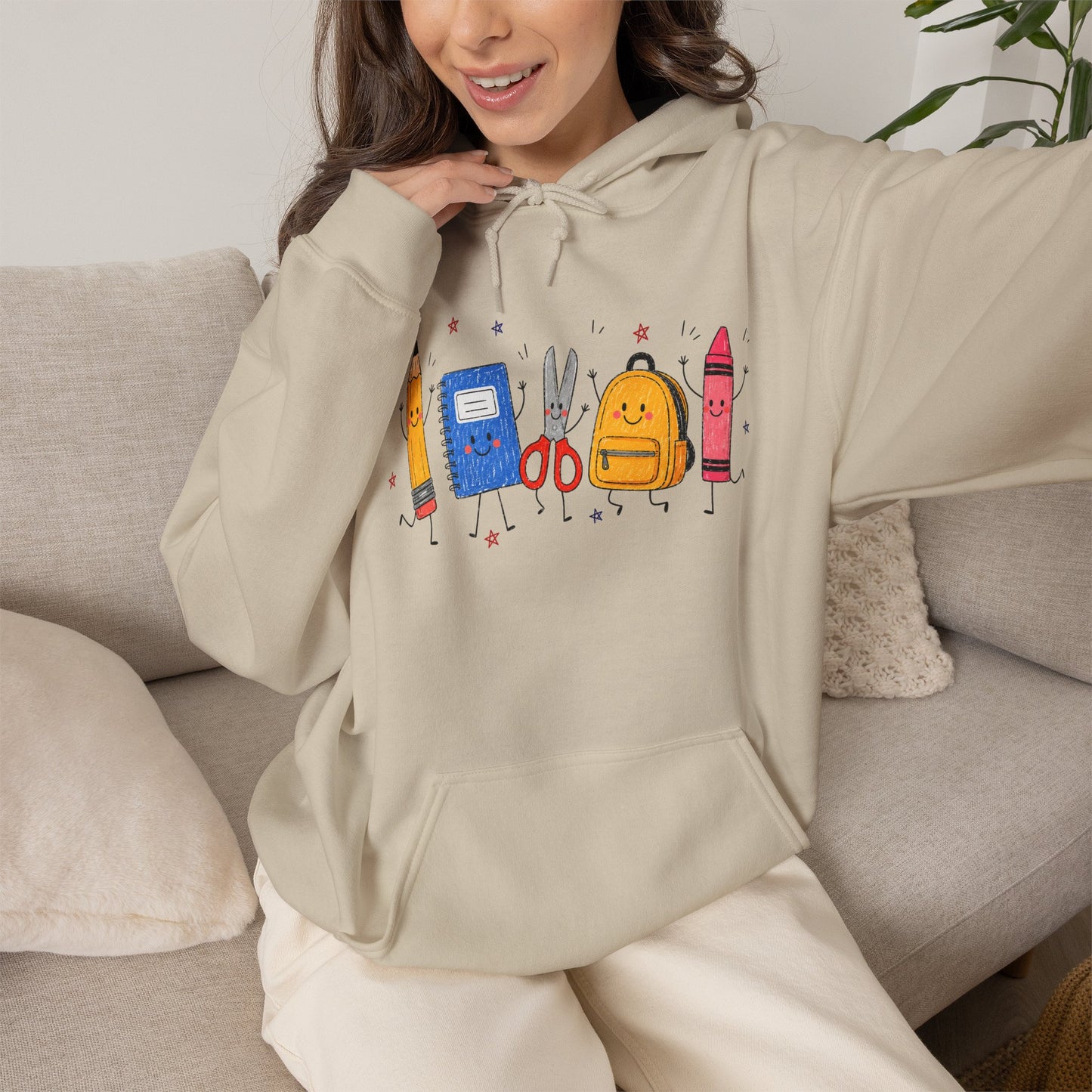 Back-to-School Hoodie – Cute School Supplies Graphic (Pencil, Notebook, Backpack)