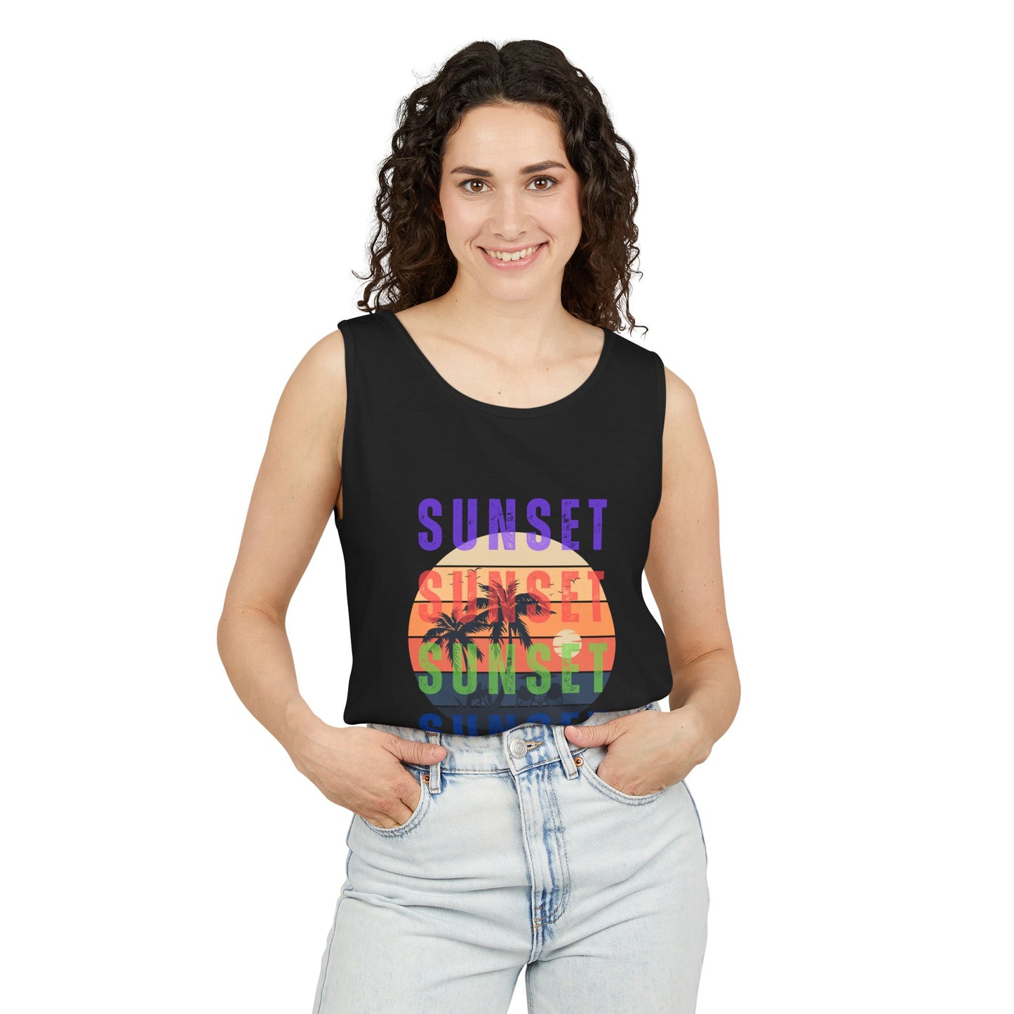 Sunset Palms Tank Top — Retro Beach Sunset Graphic Tank