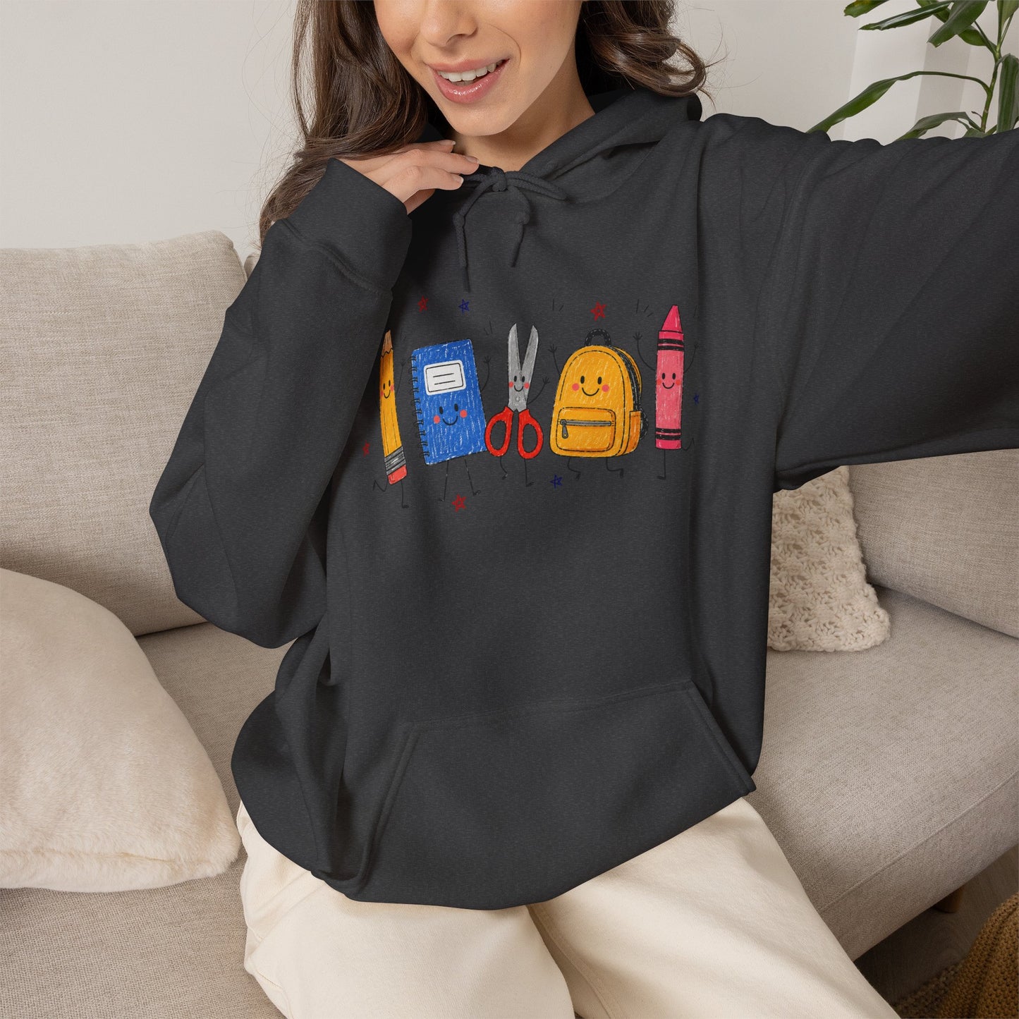 Back-to-School Hoodie – Cute School Supplies Graphic (Pencil, Notebook, Backpack)