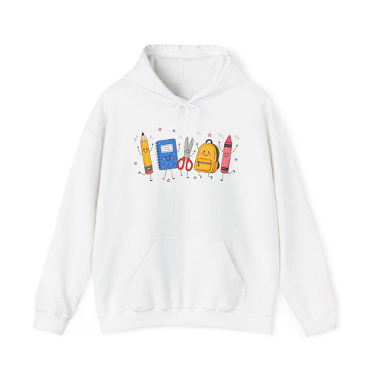 Back-to-School Hoodie – Cute School Supplies Graphic (Pencil, Notebook, Backpack)