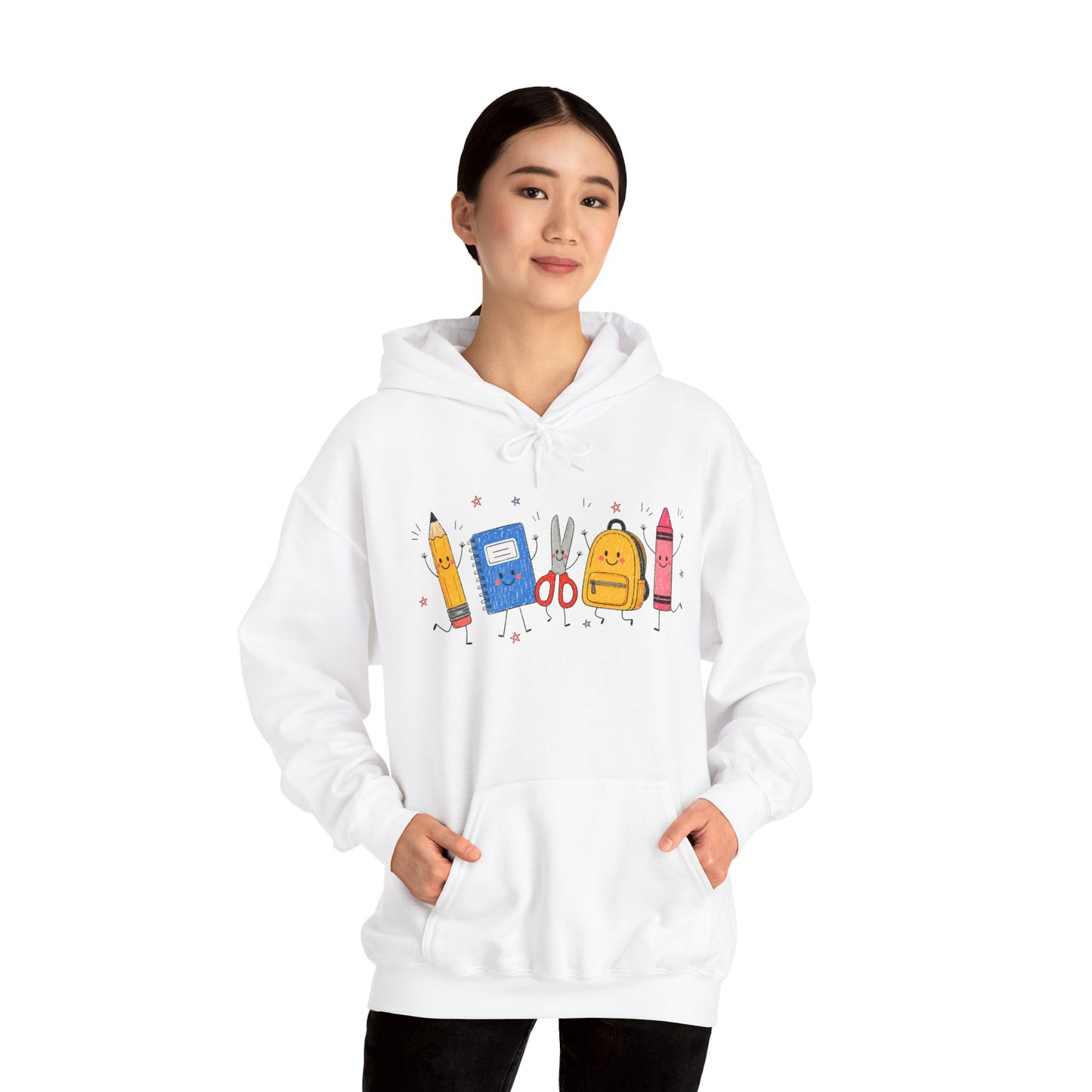 Back-to-School Hoodie – Cute School Supplies Graphic (Pencil, Notebook, Backpack)