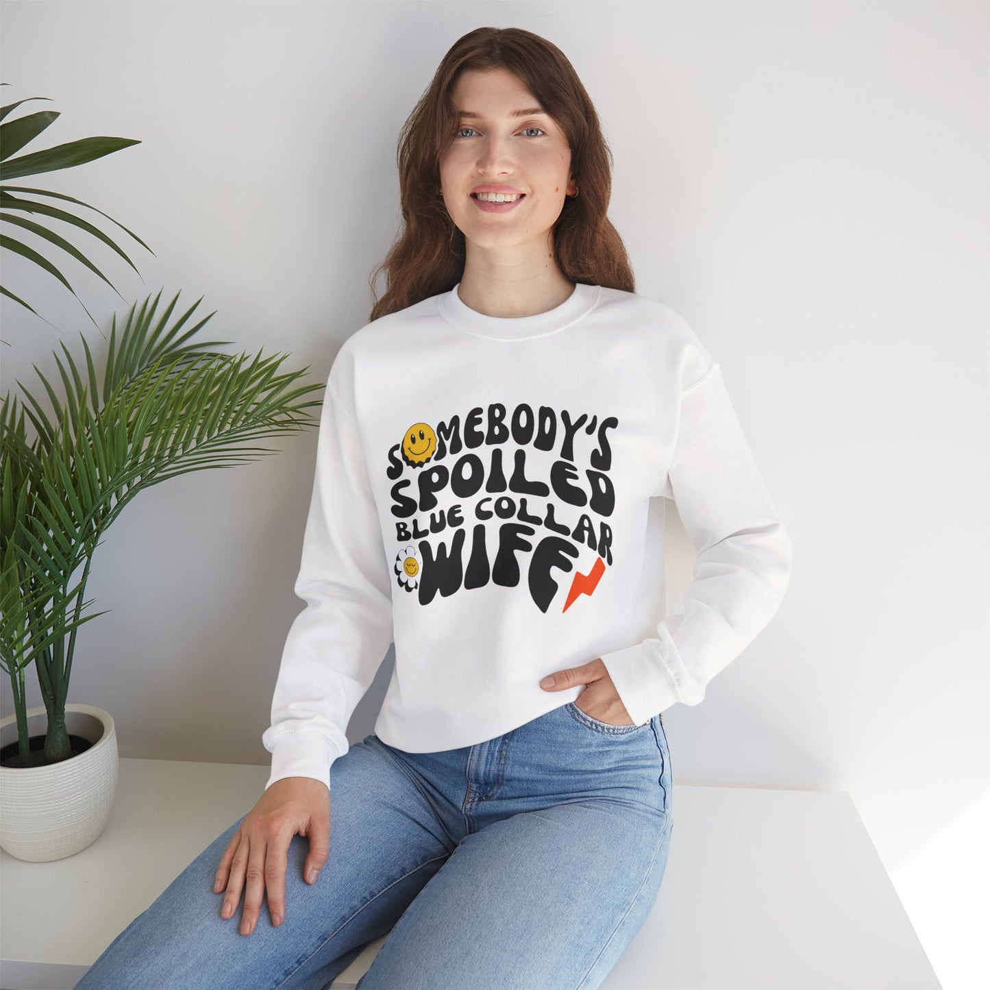 Crewneck Sweatshirt – "Somebody's Spoiled Blue Collar Wife" Retro Graphic