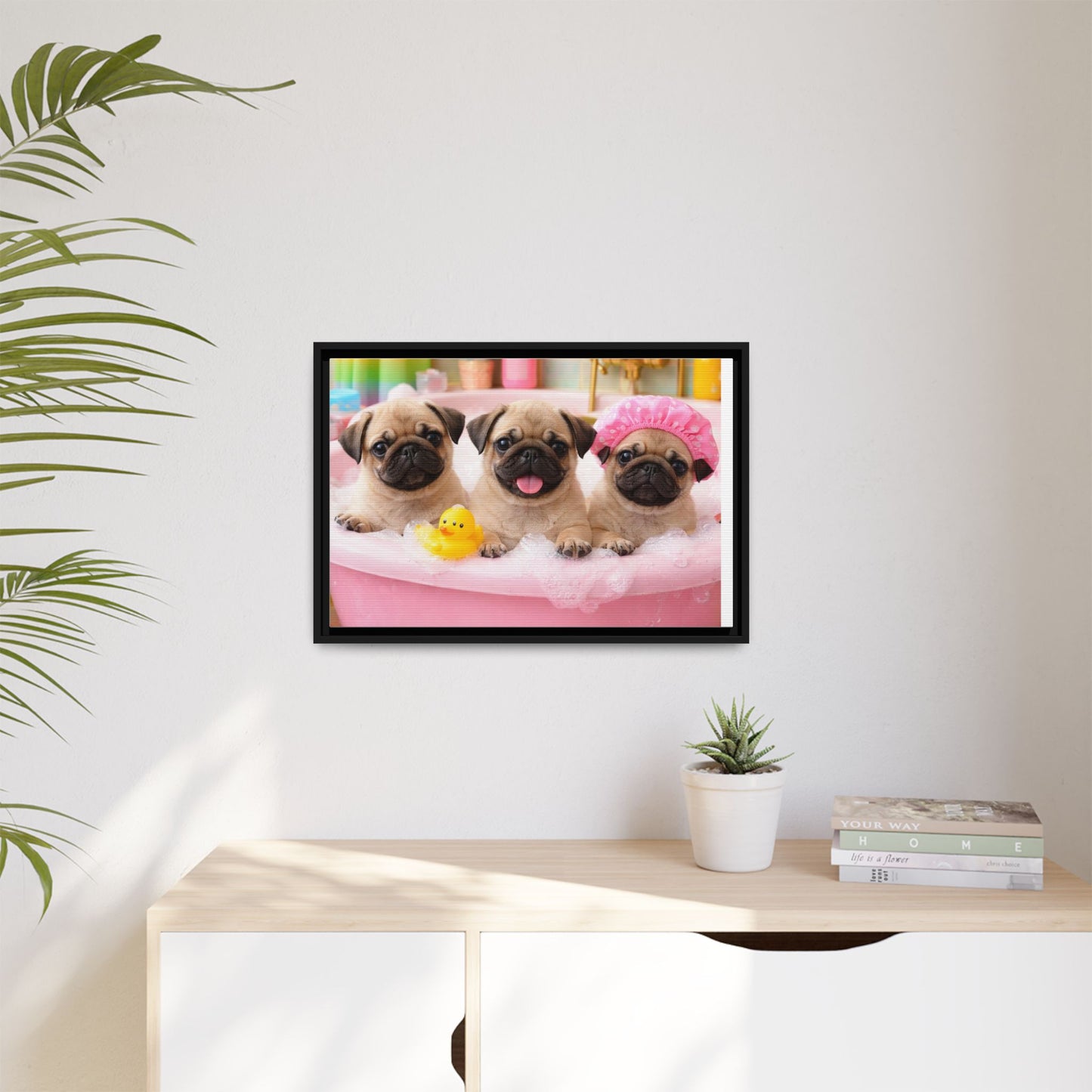 Pug Puppies Bubble Bath Matte Canvas Framed Wall Art