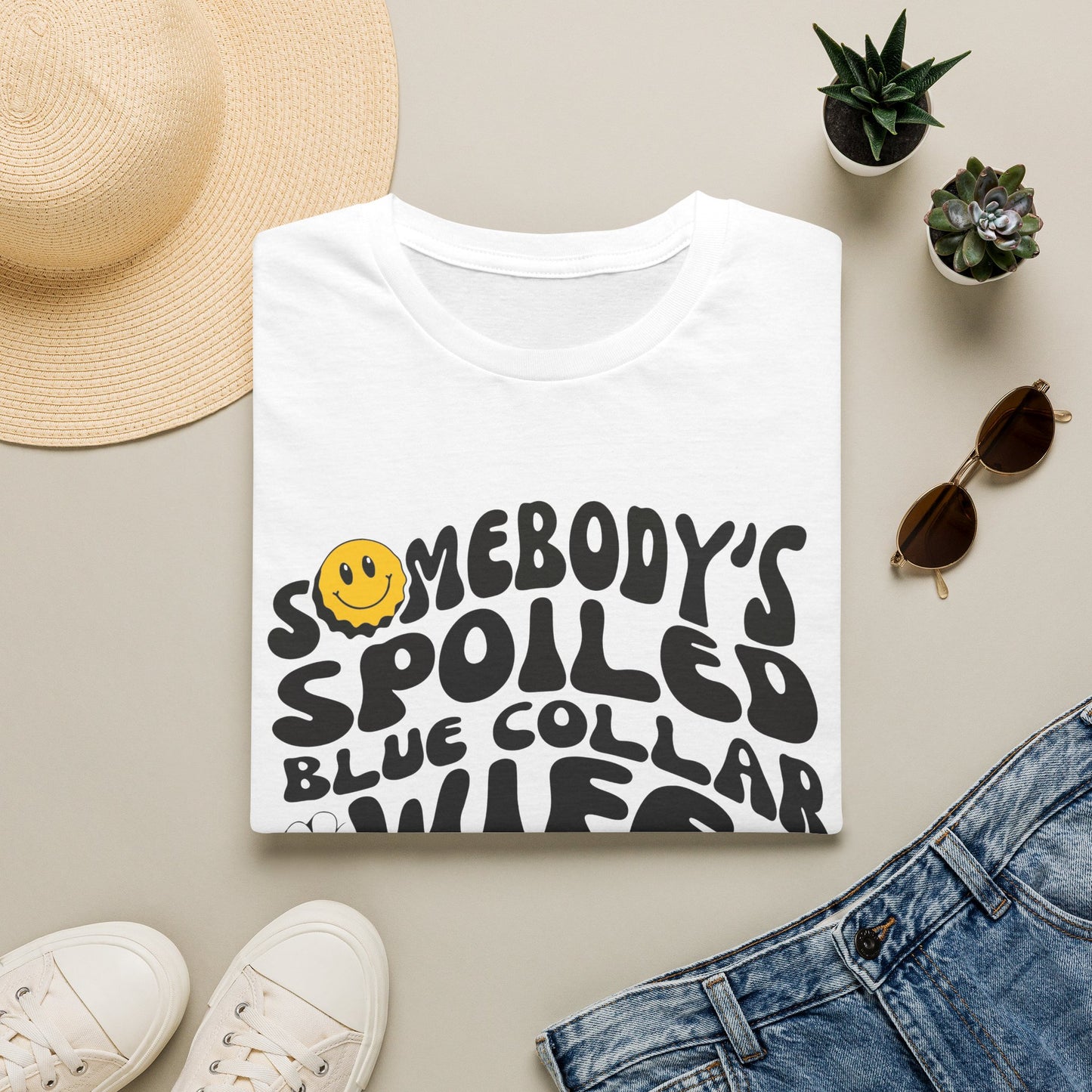 T-Shirt — "Somebody's Spoiled Blue Collar Wife" Smiley Retro Graphic Tee