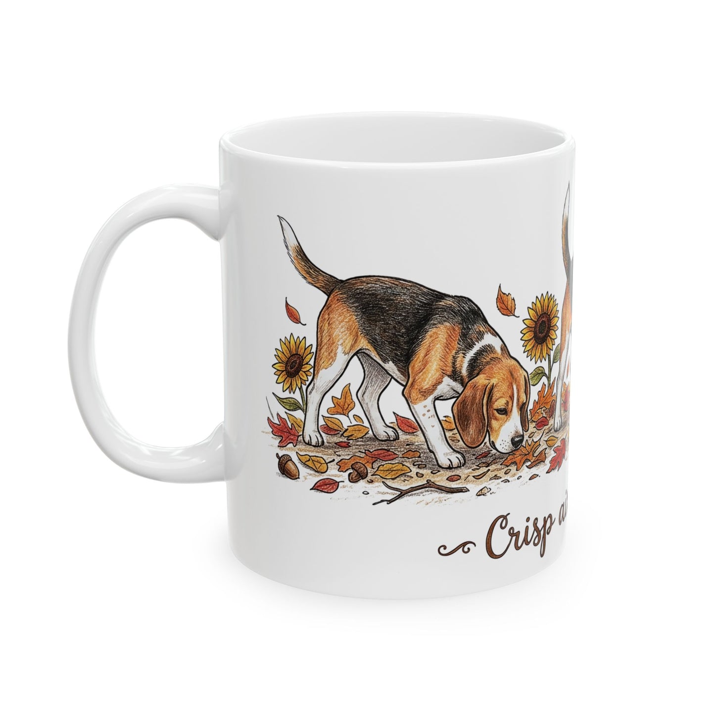 Beagle Fall Mug - "Crisp Air, Don't Care" Autumn Coffee Cup (11oz/15oz)